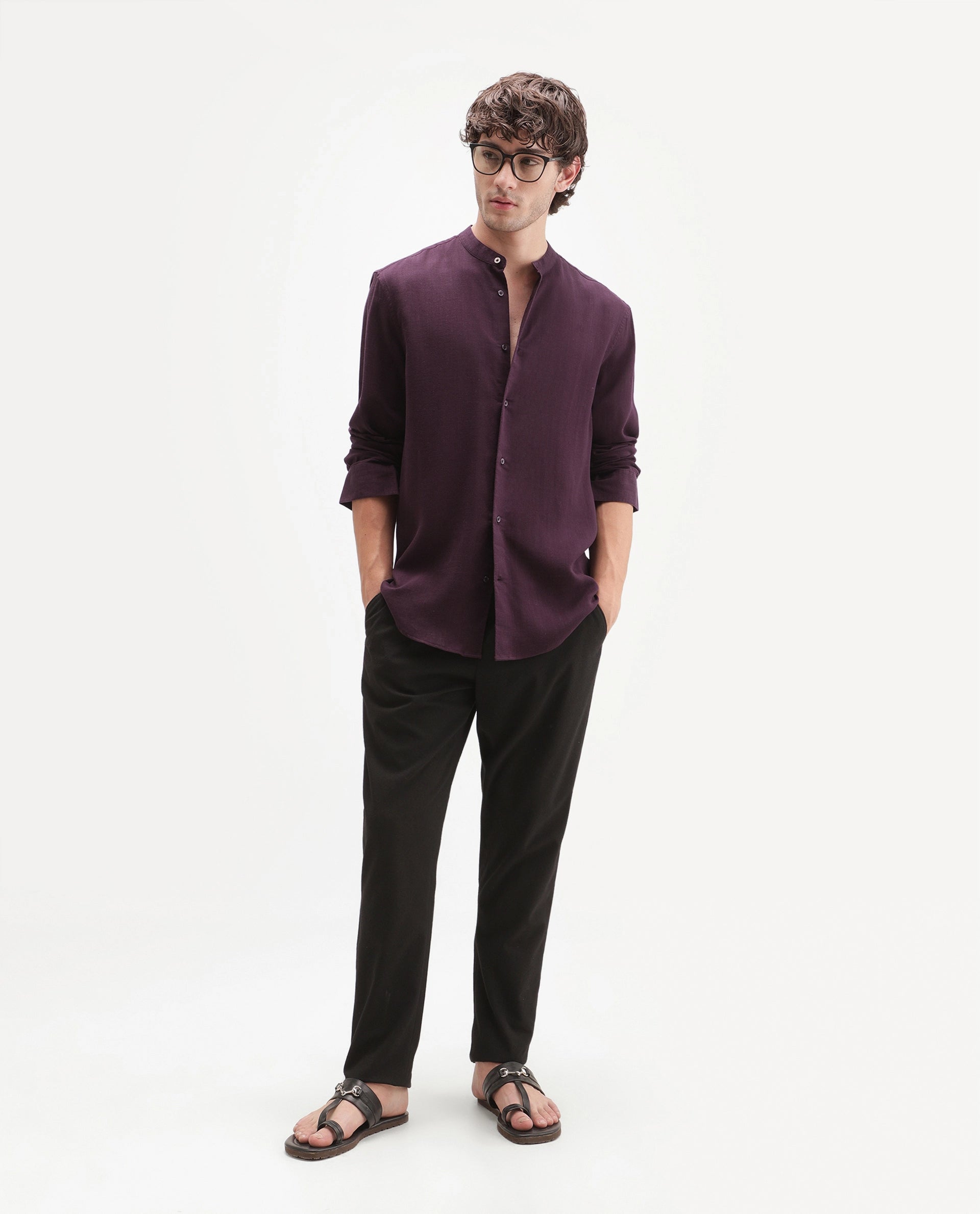 Rare Rabbit Men's Lyco Cn Dark Purple Lyocell Button Mandarin collar Regular Fit Shirt