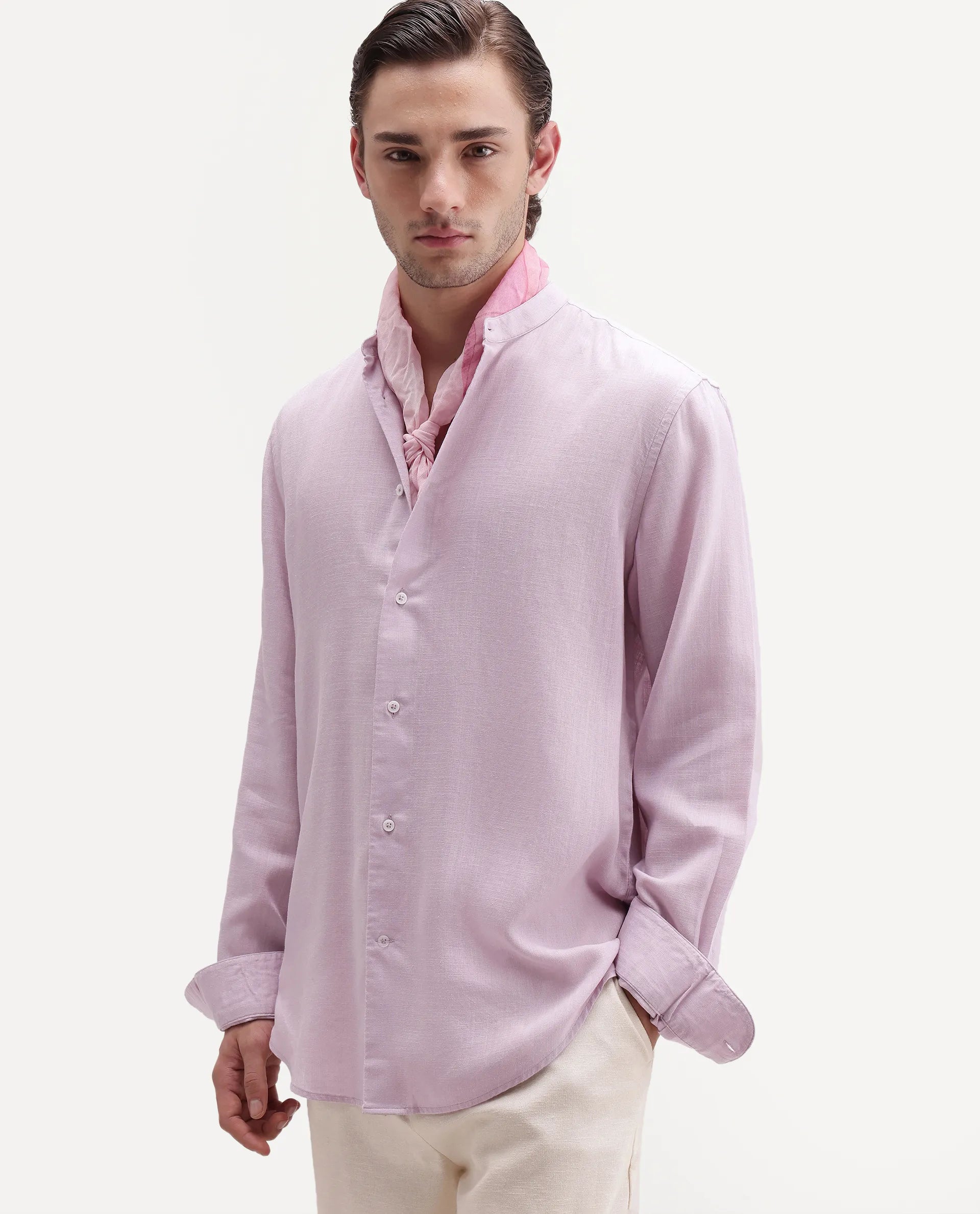 Rare Rabbit Men's Lyco Cn Dusky Lilac Lyocell Button Mandarin collar Regular Fit Shirt