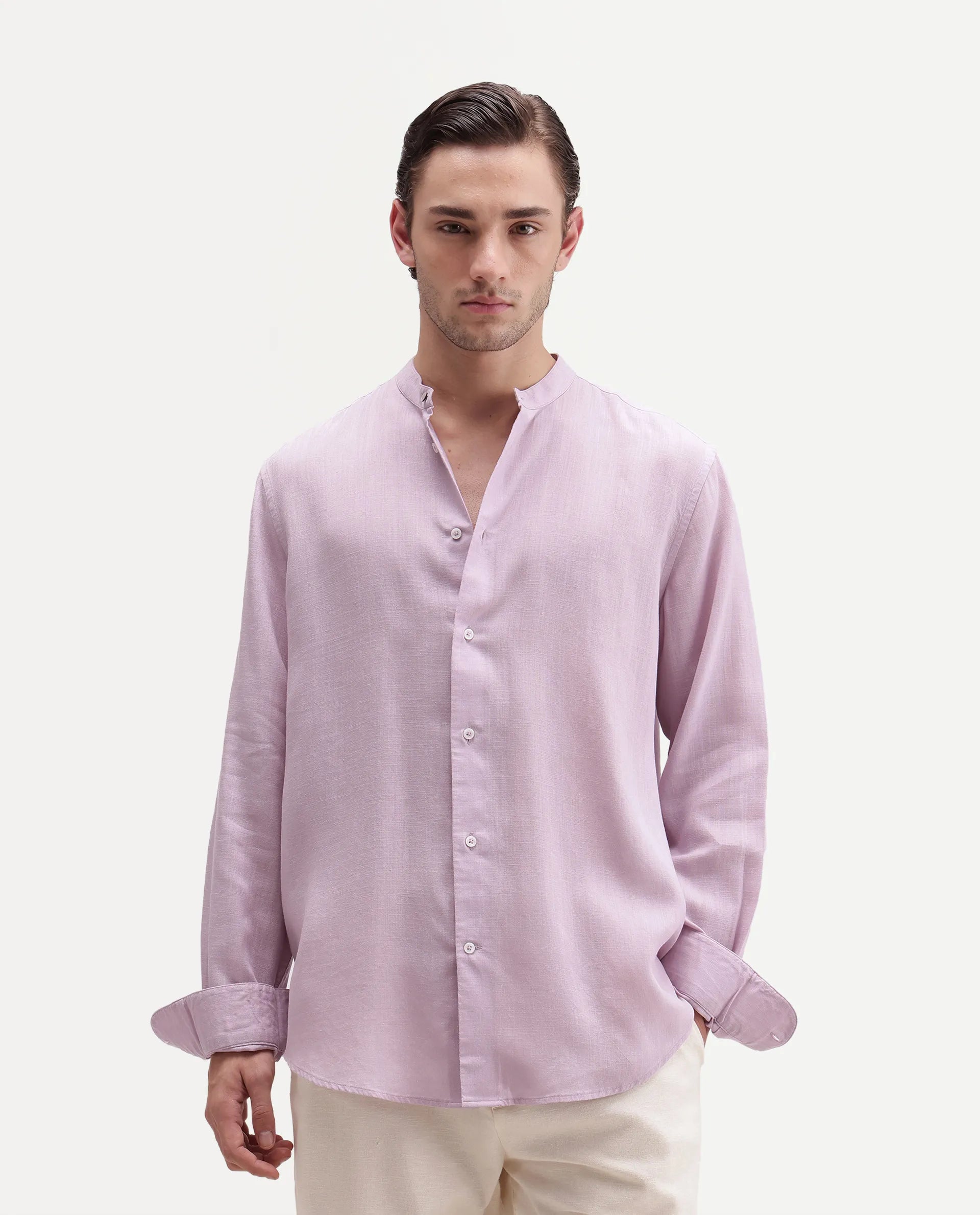 Rare Rabbit Men's Lyco Cn Dusky Lilac Lyocell Button Mandarin collar Regular Fit Shirt