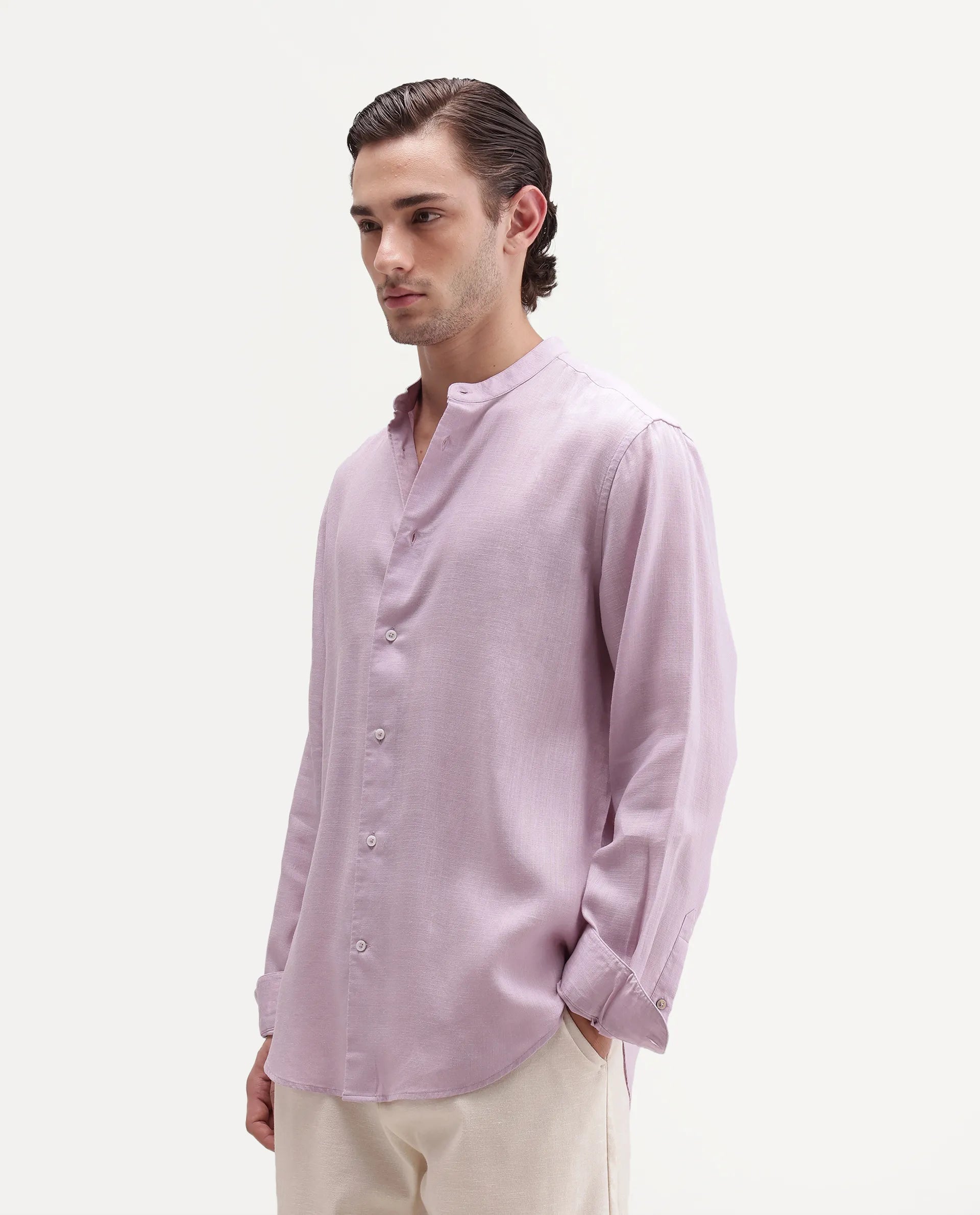Rare Rabbit Men's Lyco Cn Dusky Lilac Lyocell Button Mandarin collar Regular Fit Shirt