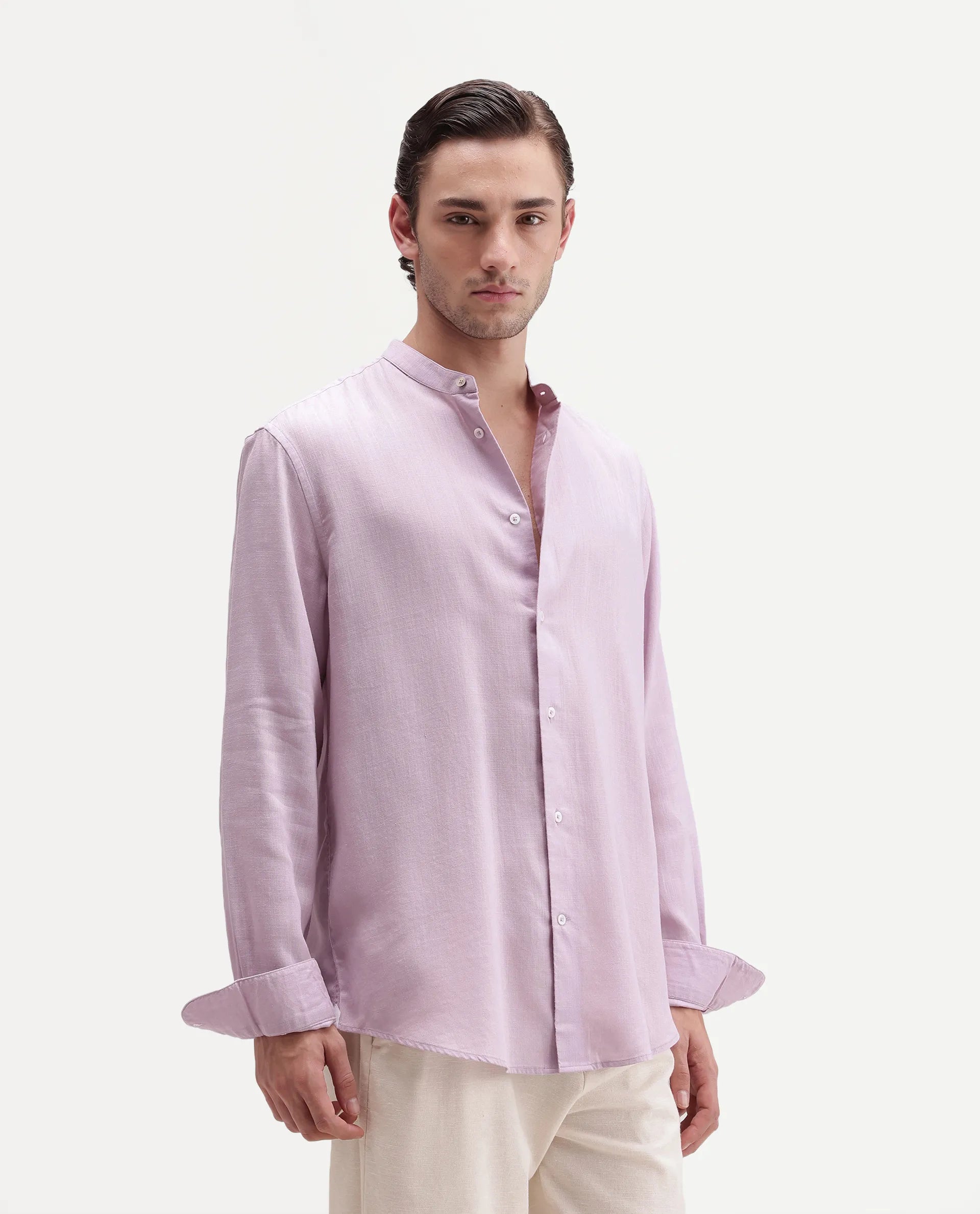 Rare Rabbit Men's Lyco Cn Dusky Lilac Lyocell Button Mandarin collar Regular Fit Shirt