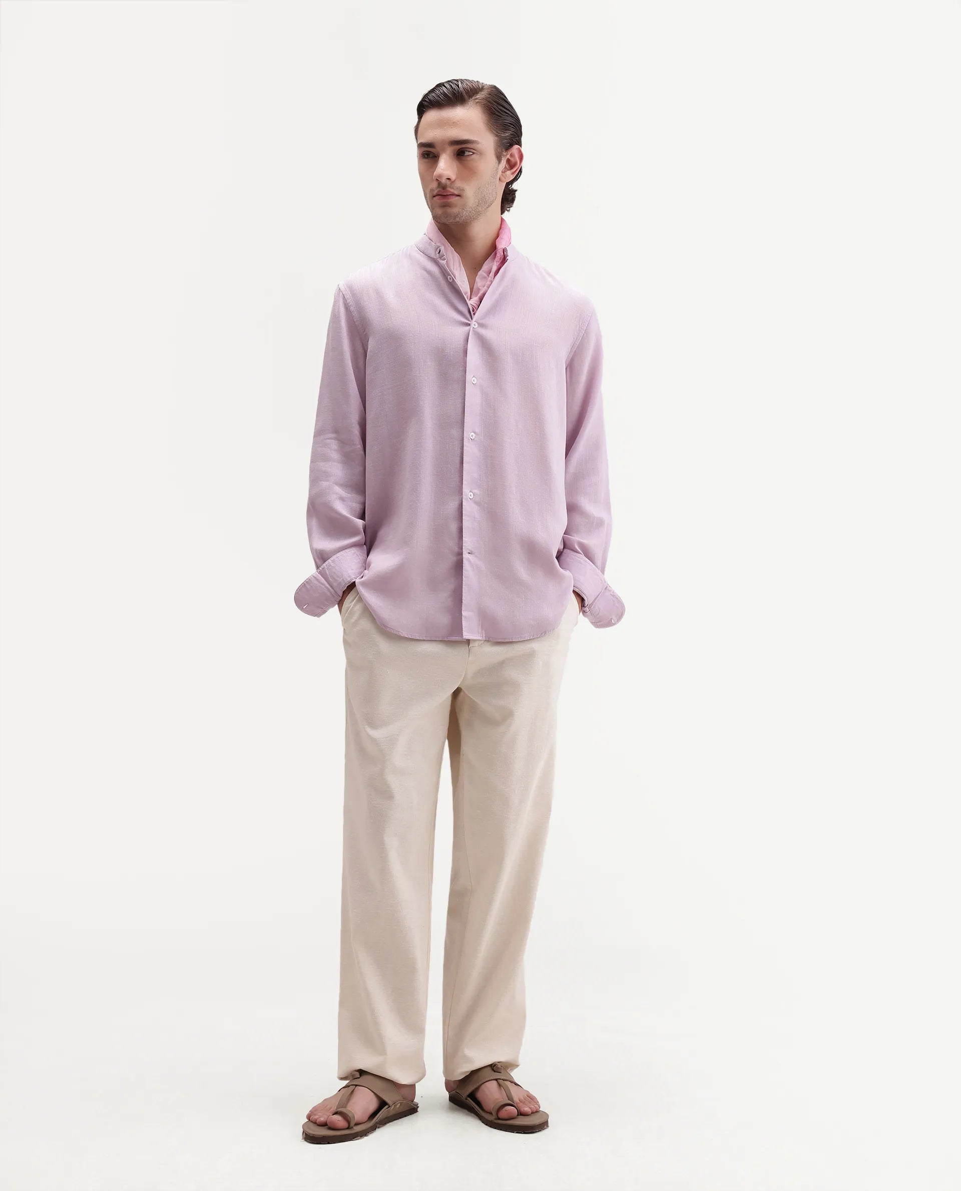 Rare Rabbit Men's Lyco Cn Dusky Lilac Lyocell Button Mandarin collar Regular Fit Shirt
