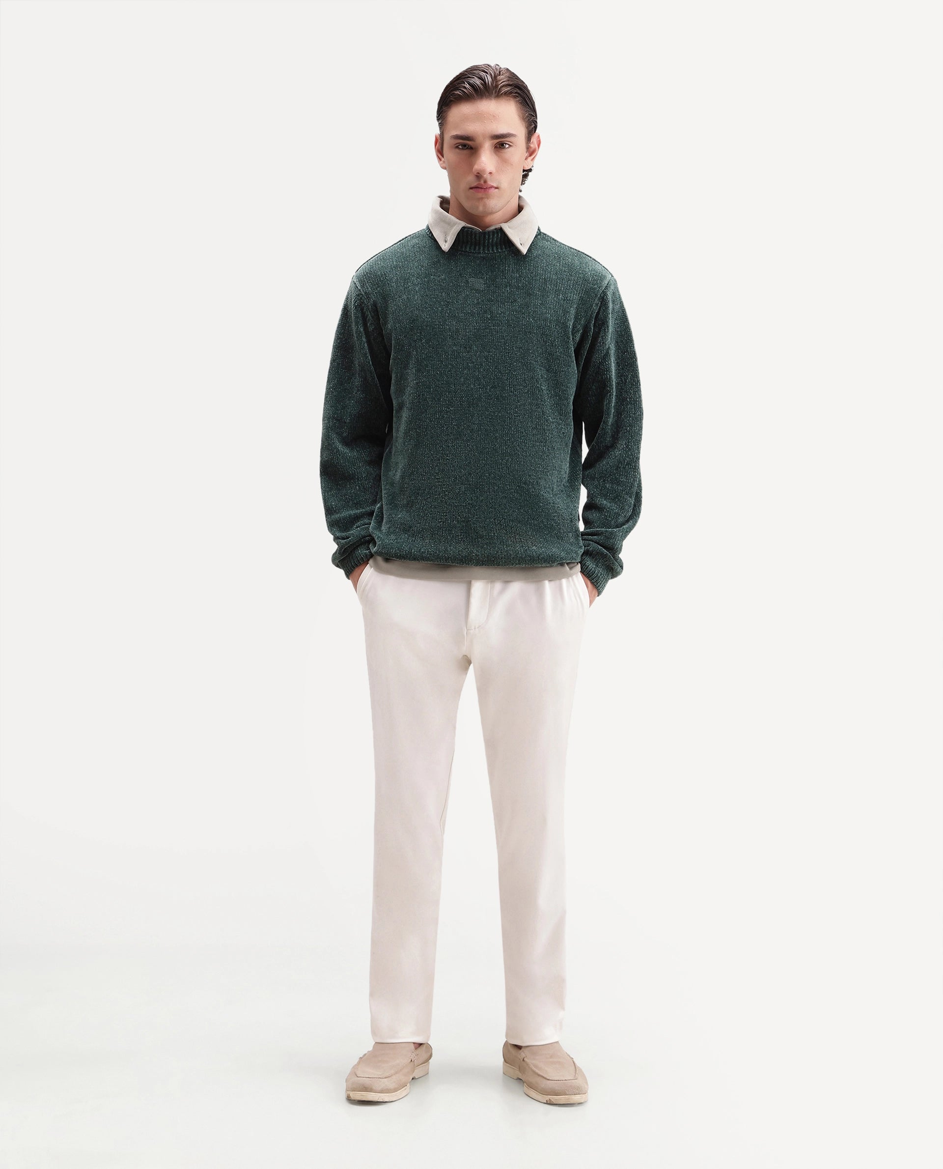 Rare Rabbit Men's Chenor Green Polyester Regular Fit Plain Sweater