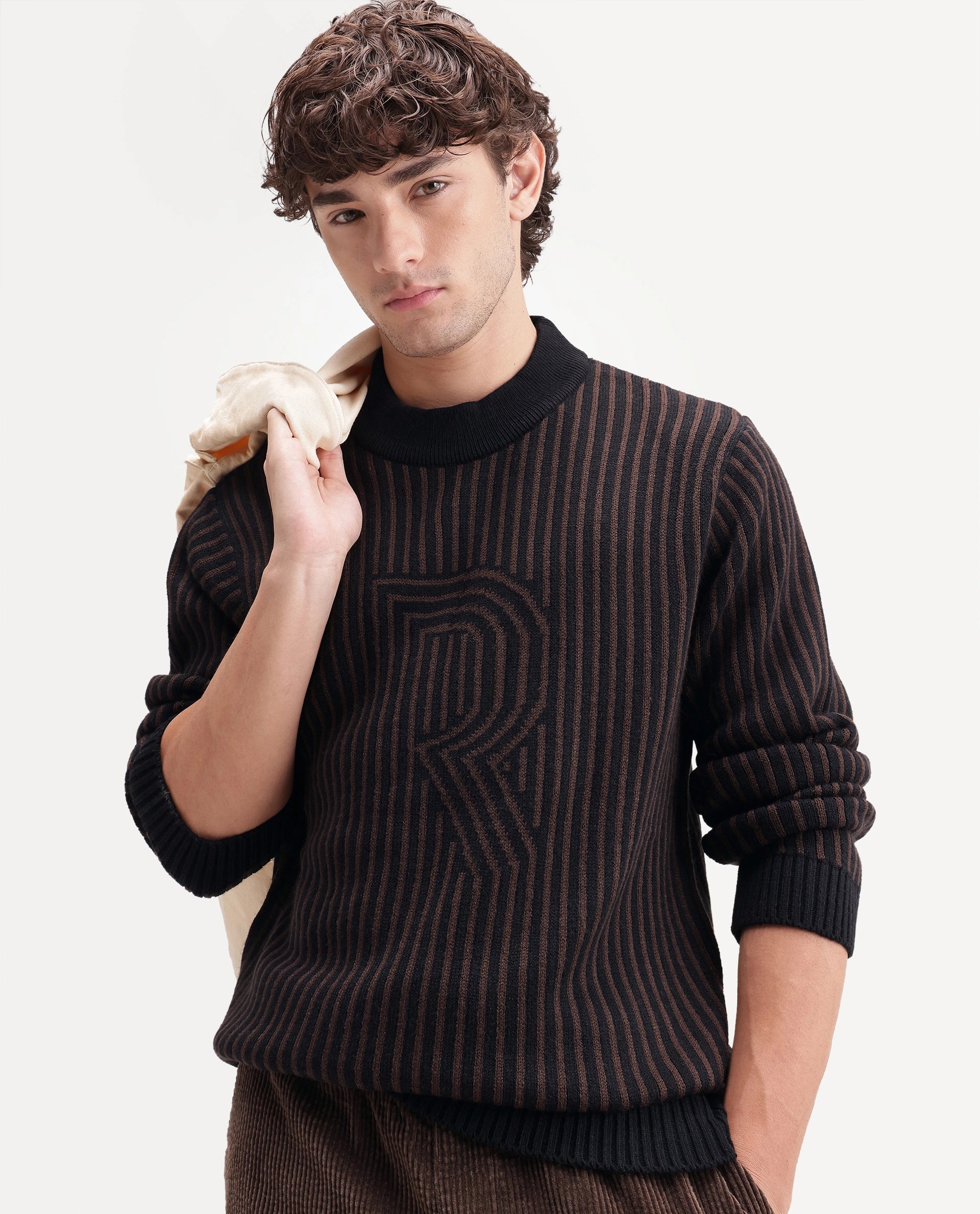 Rare Rabbit Men's Frim Dark Brown Acrylic Blend Regular Fit Sweater
