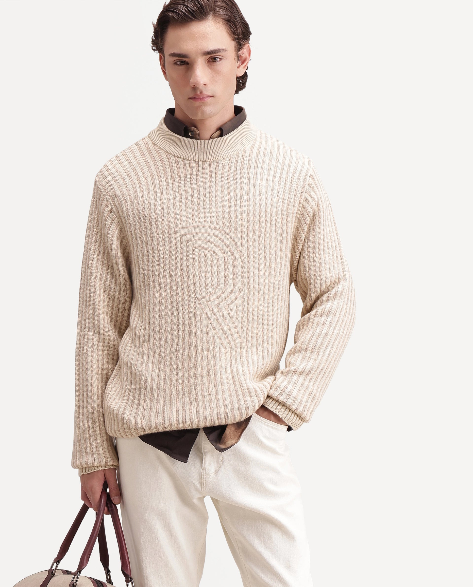 Rare Rabbit Men's Frim Beige Acrylic Blend Regular Fit Sweater