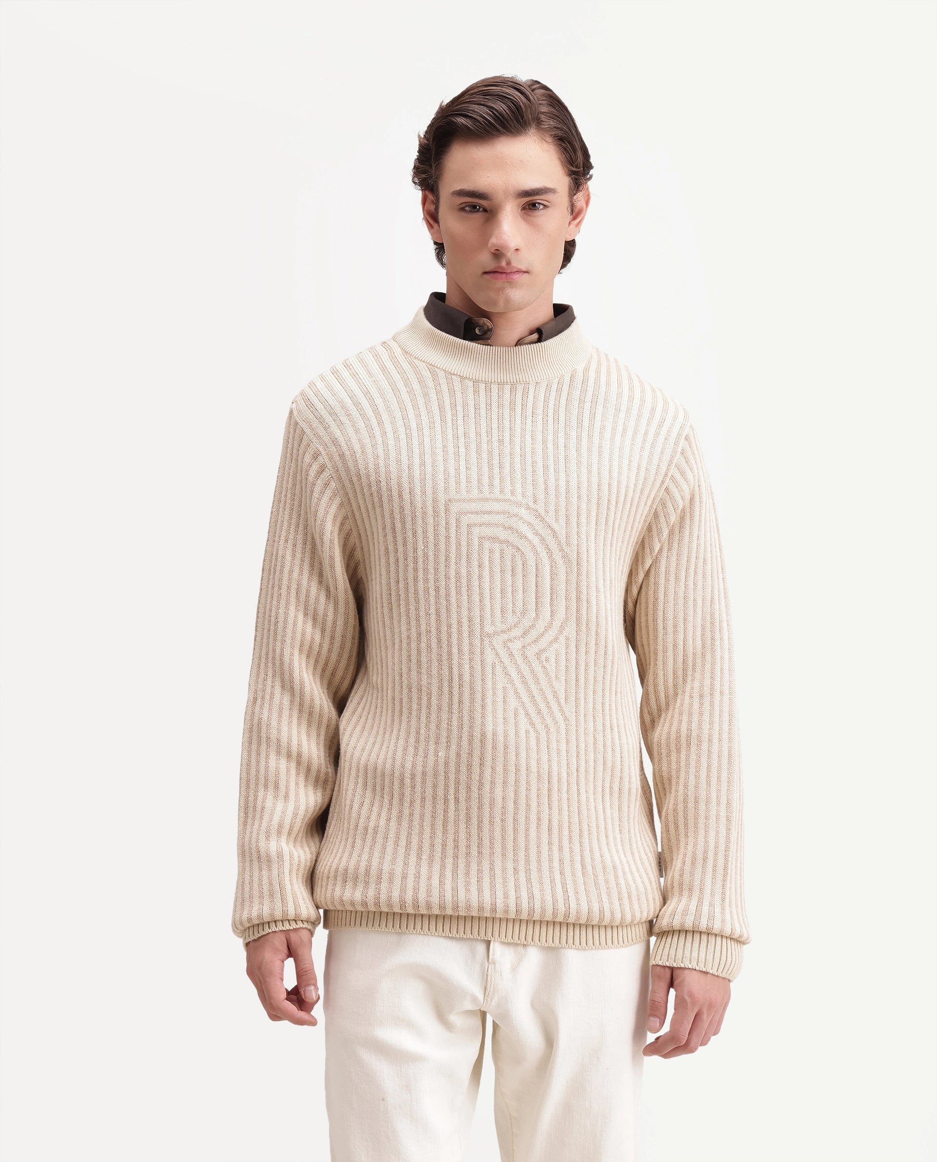 Rare Rabbit Men's Frim Beige Acrylic Blend Regular Fit Sweater