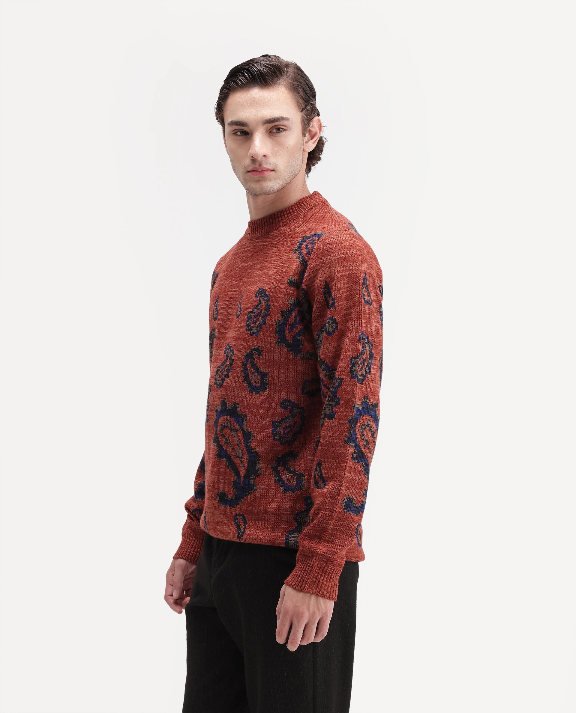 Rare Rabbit Men's Spav Dusky Rust Acrylic Regular Fit Paisley Print Sweater