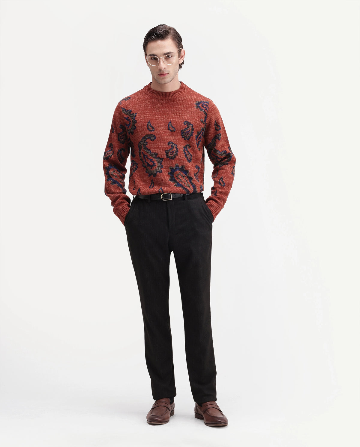 Rare Rabbit Men's Spav Dusky Rust Acrylic Regular Fit Paisley Print Sweater