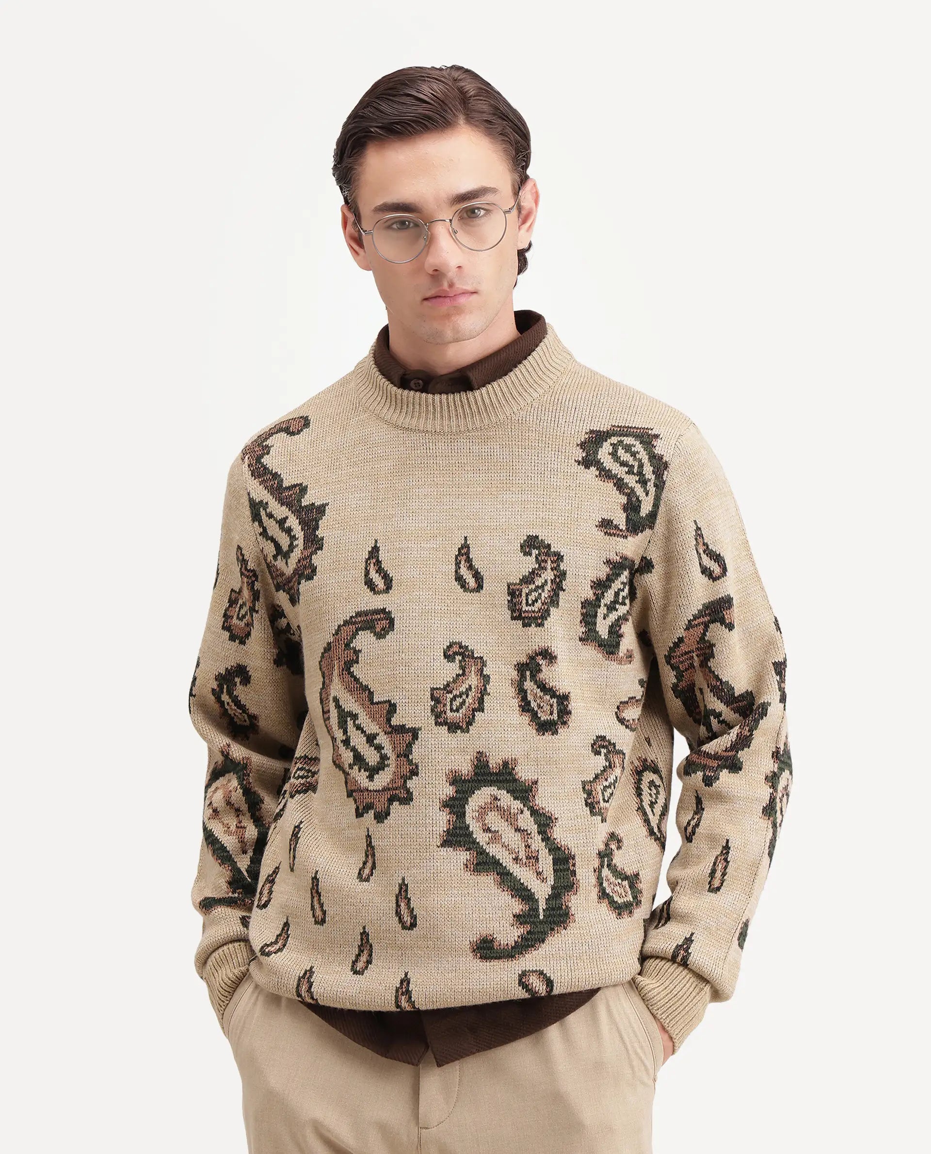 Rare Rabbit Men's Spav Beige Acrylic Regular Fit Paisley Print Sweater