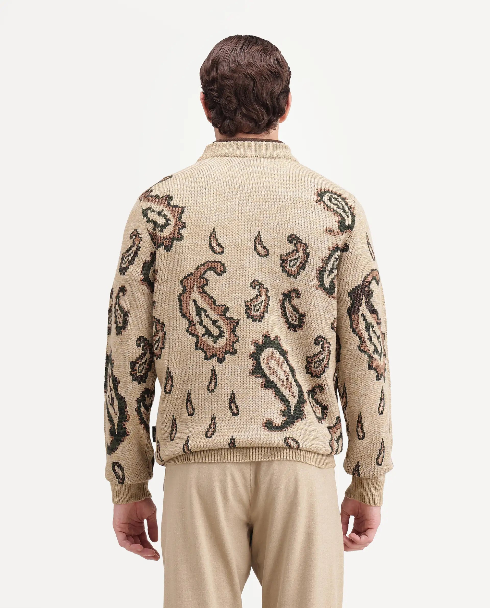 Rare Rabbit Men's Spav Beige Acrylic Regular Fit Paisley Print Sweater