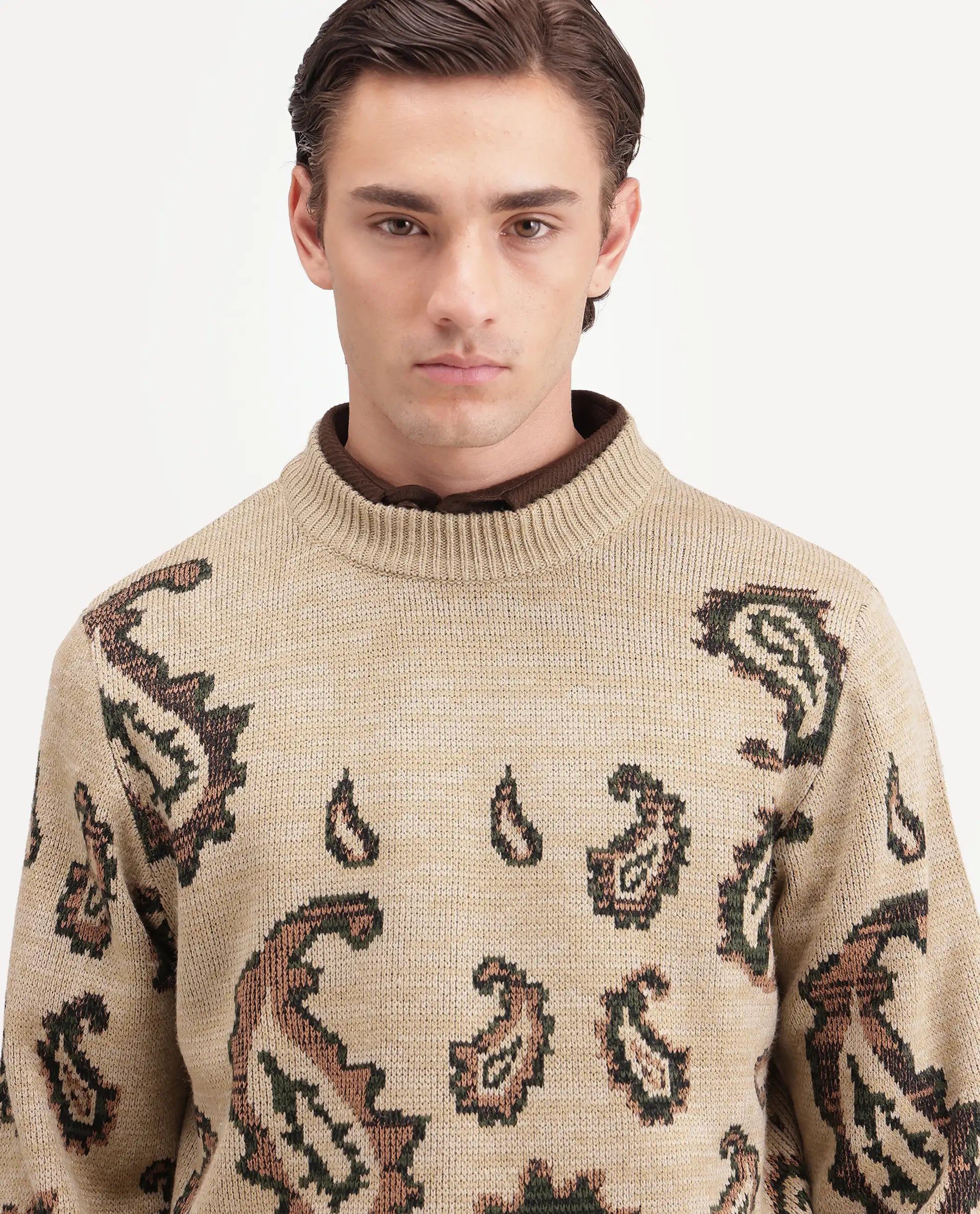 Rare Rabbit Men's Spav Beige Acrylic Regular Fit Paisley Print Sweater