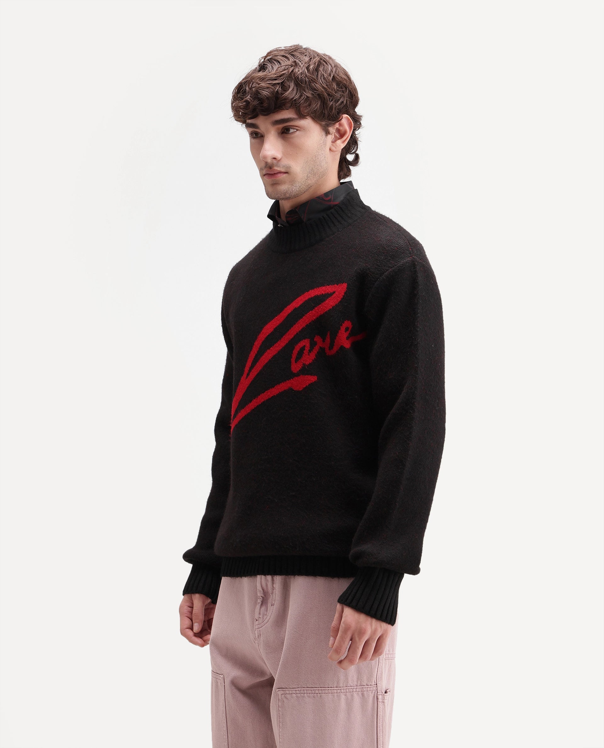 Rare Rabbit Men's Oscar Black Acrylic Blend Regular Fit Graphic Print Sweater
