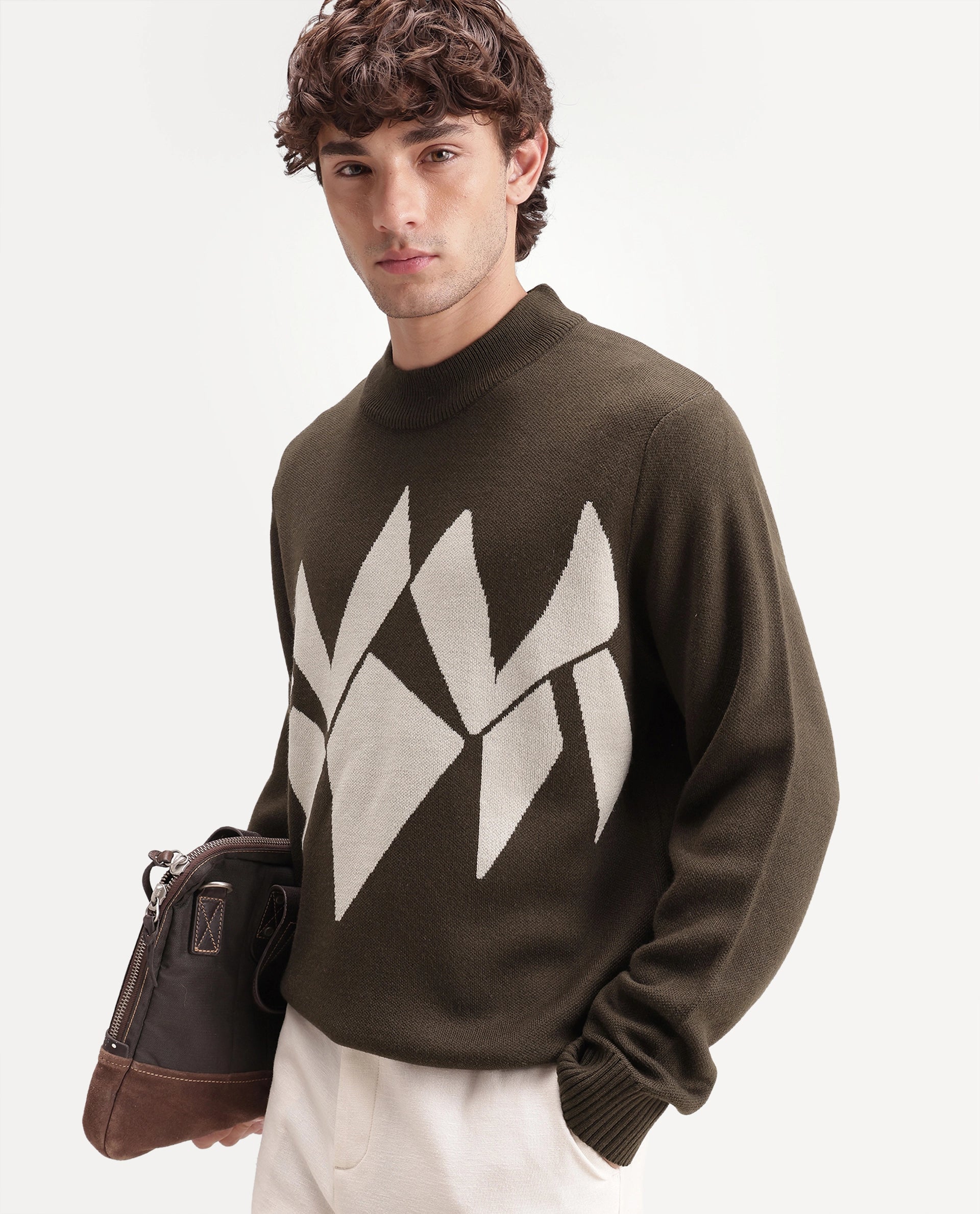 Rare Rabbit Men's Tran-A26 Dark Olive Acrylic Blend Regular Fit Geometric Print Sweater