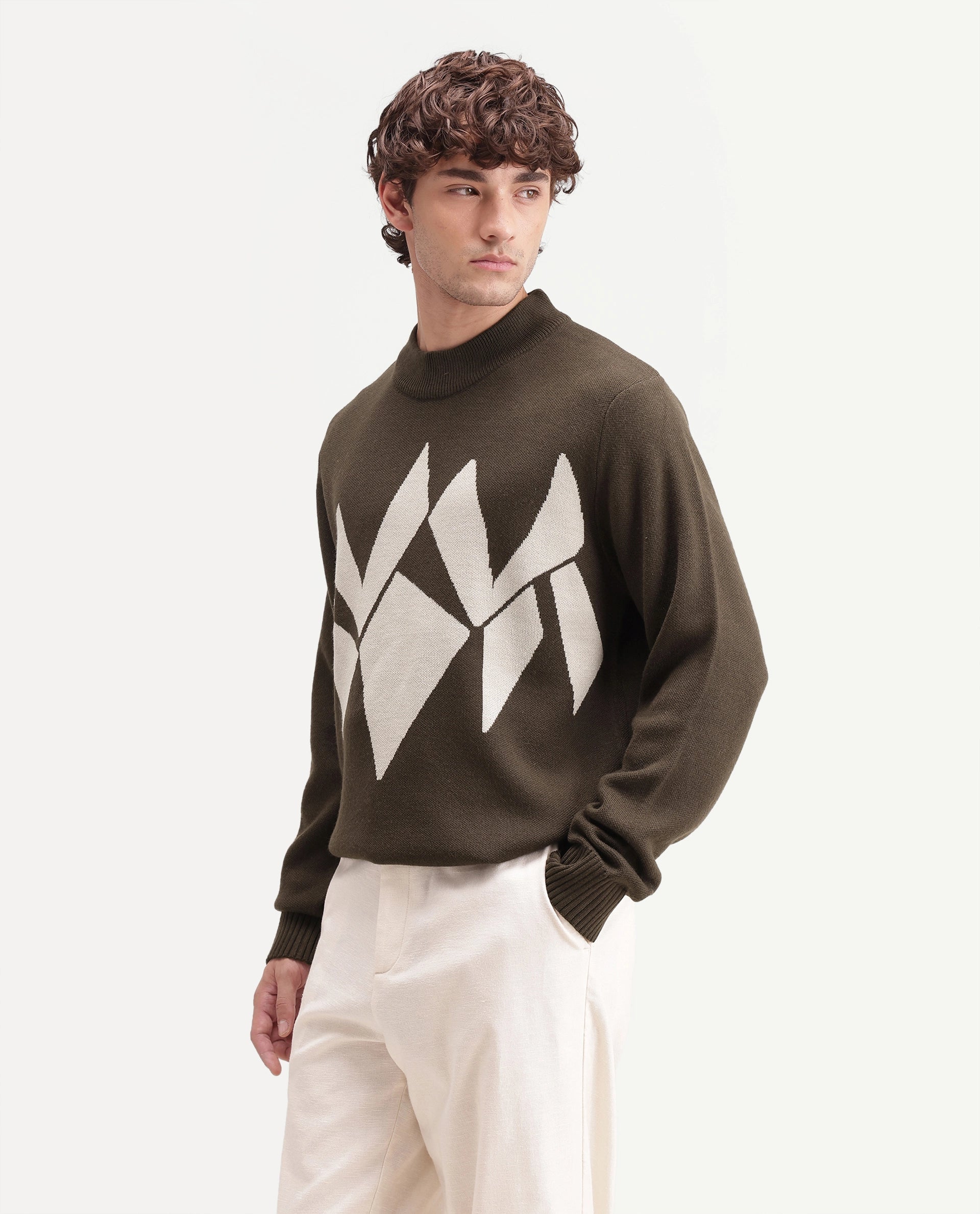 Rare Rabbit Men's Tran-A26 Dark Olive Acrylic Blend Regular Fit Geometric Print Sweater