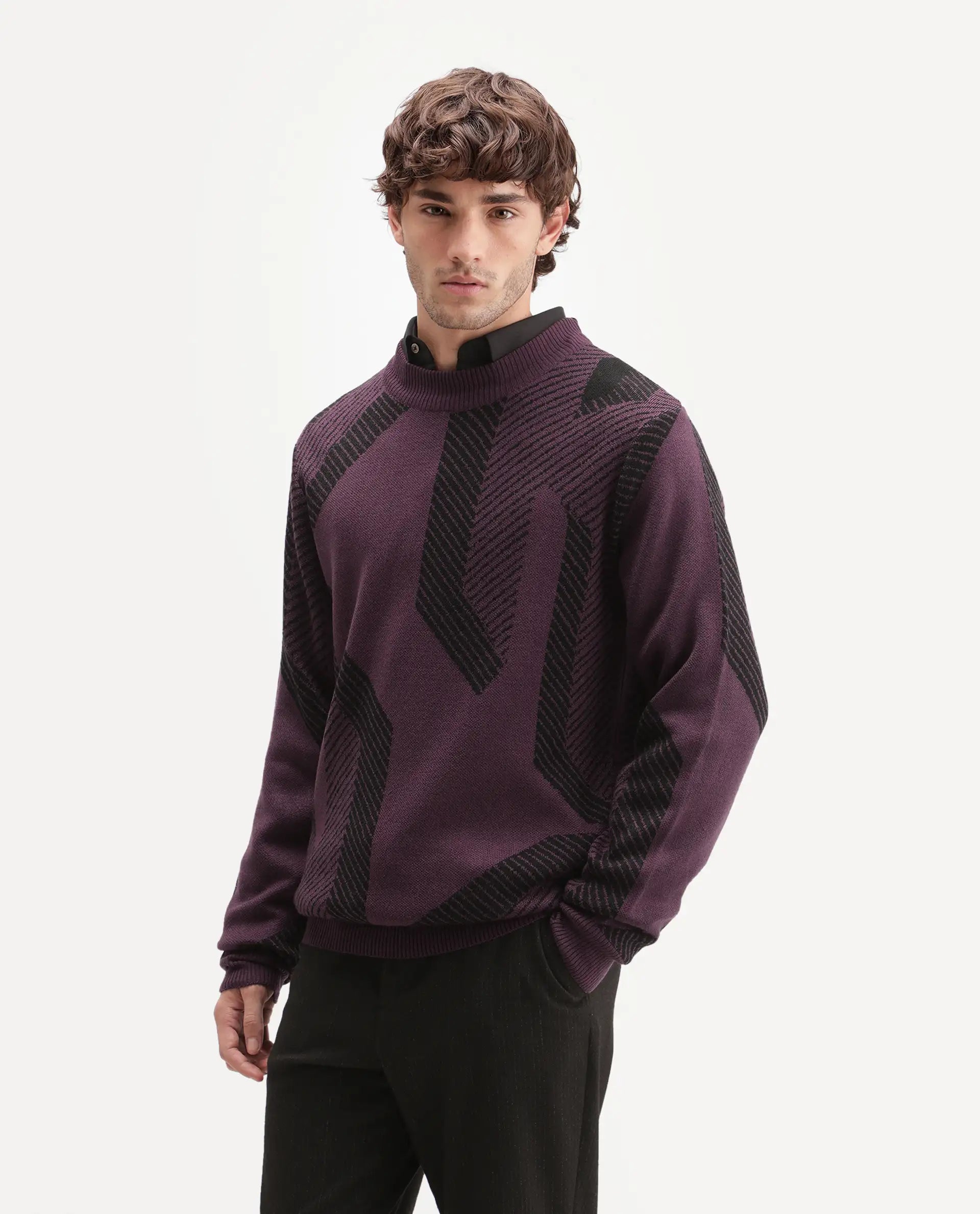 Rare Rabbit Men's Vent Dark Purple Acrylic Crew Neck Regular Fit Jacquard Sweater