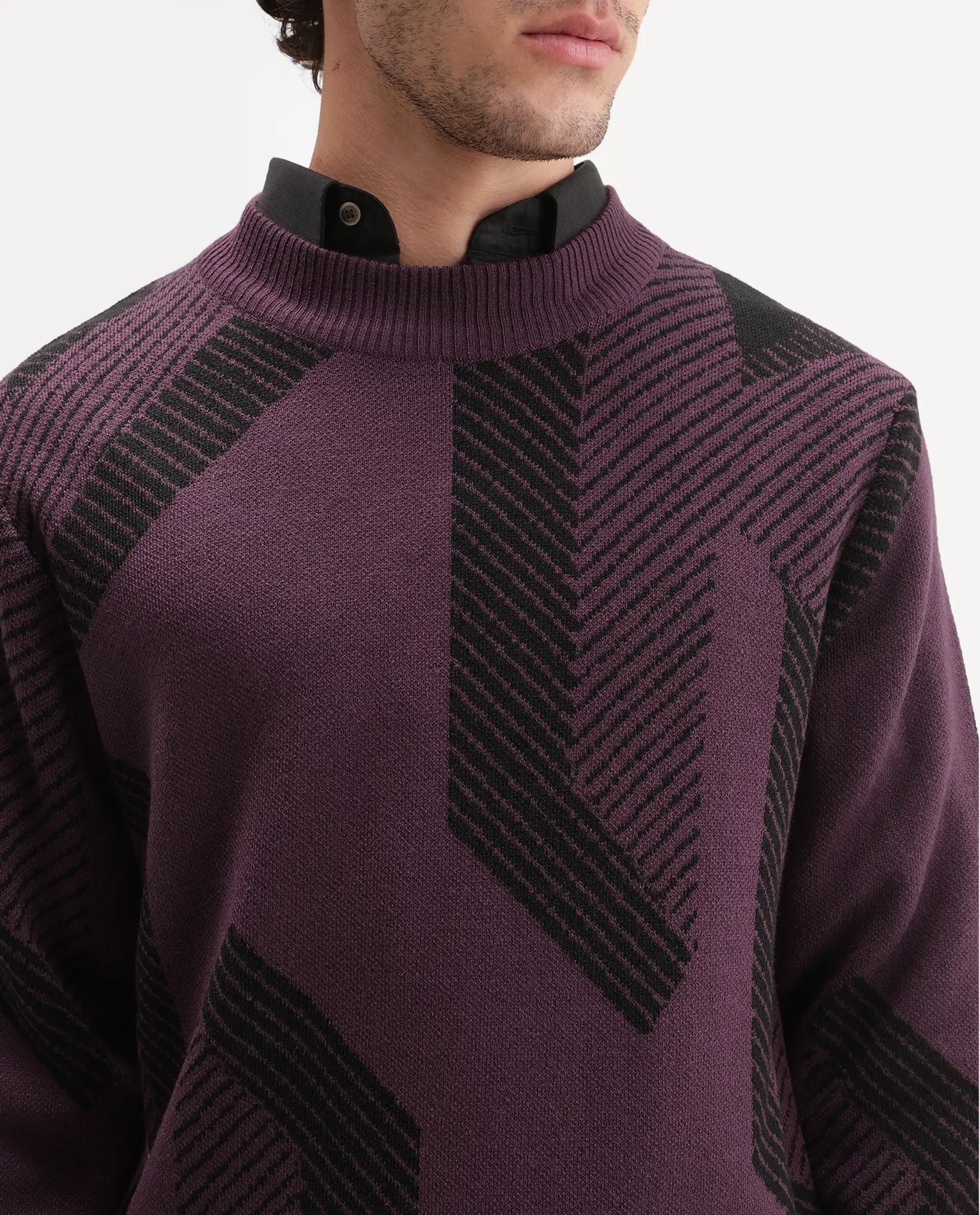 Rare Rabbit Men's Vent Dark Purple Acrylic Crew Neck Regular Fit Jacquard Sweater