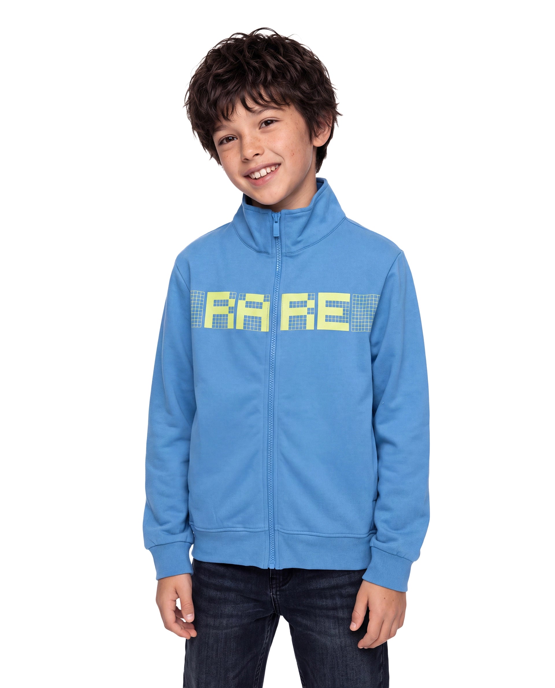 Rare Ones Kids Grid Blue Cotton Blend Fabric High Neck Zipper Closure Regular Graphic Print Sweatshirt