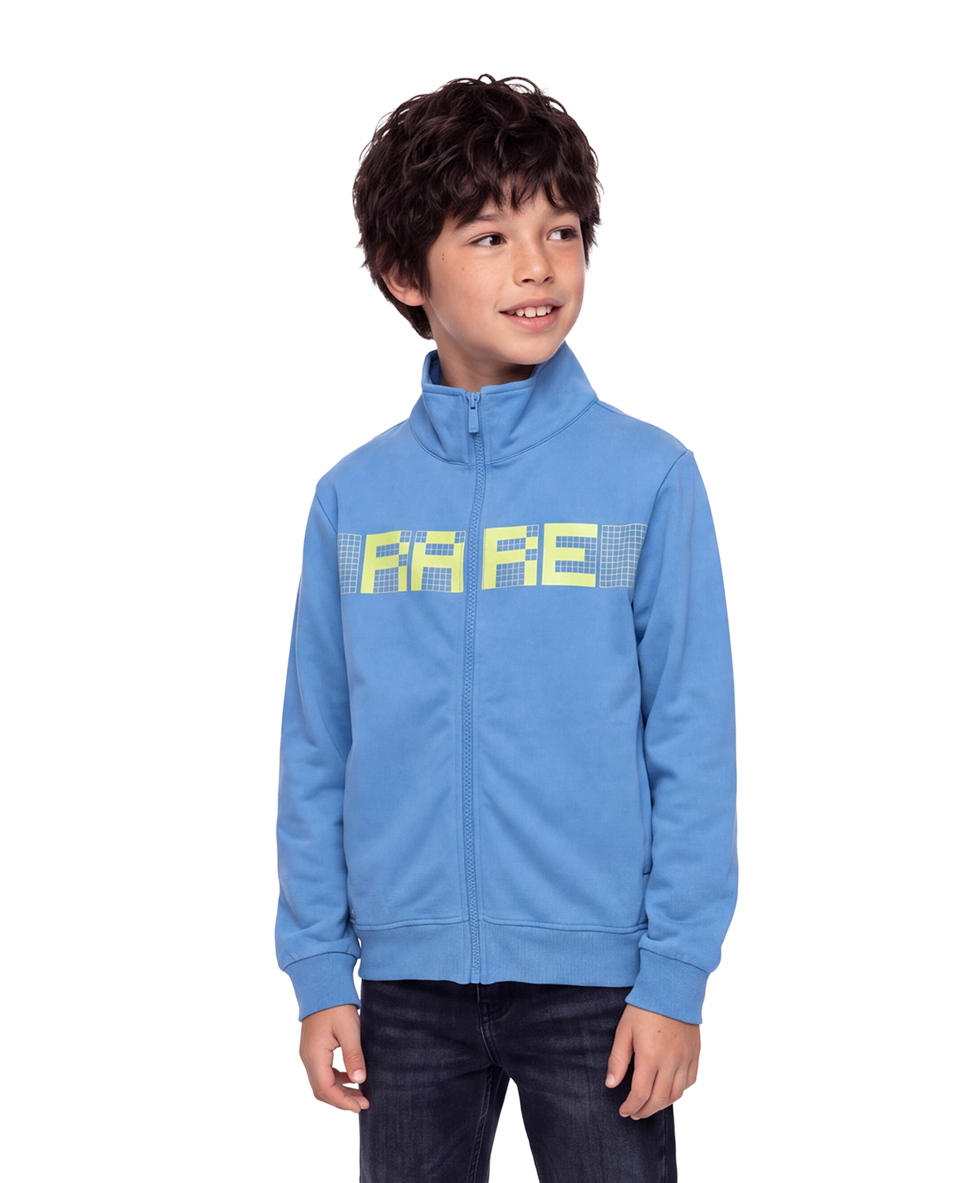 Rare Ones Kids Grid Blue Cotton Blend Fabric High Neck Zipper Closure Regular Graphic Print Sweatshirt
