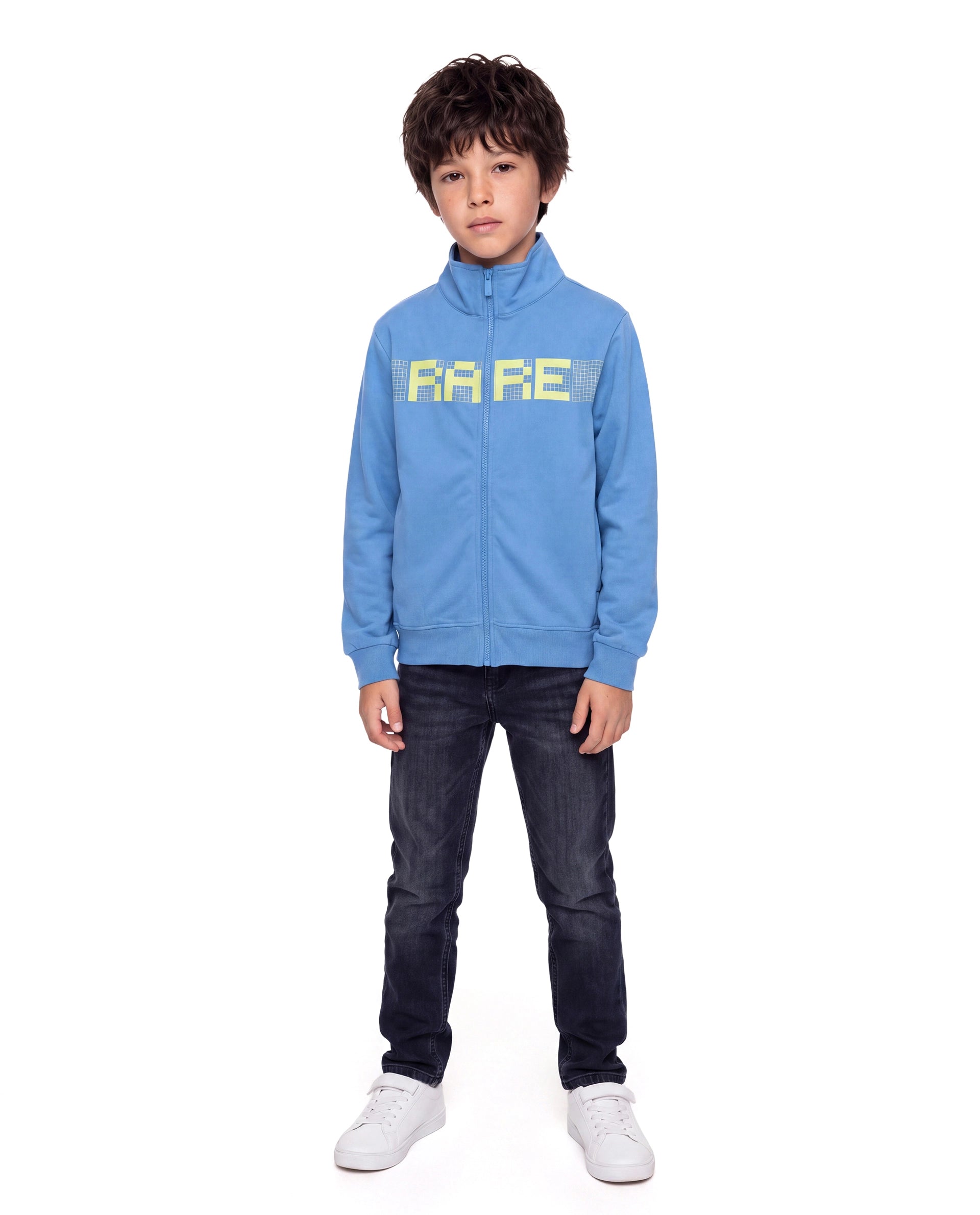 Rare Ones Kids Grid Blue Cotton Blend Fabric High Neck Zipper Closure Regular Graphic Print Sweatshirt