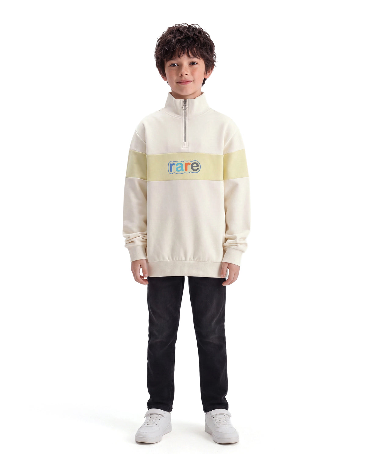 Rare Ones Kids Cloud Off White Cotton Blend Fabric Spread Collar Zipper Closure Regular Sweatshirt