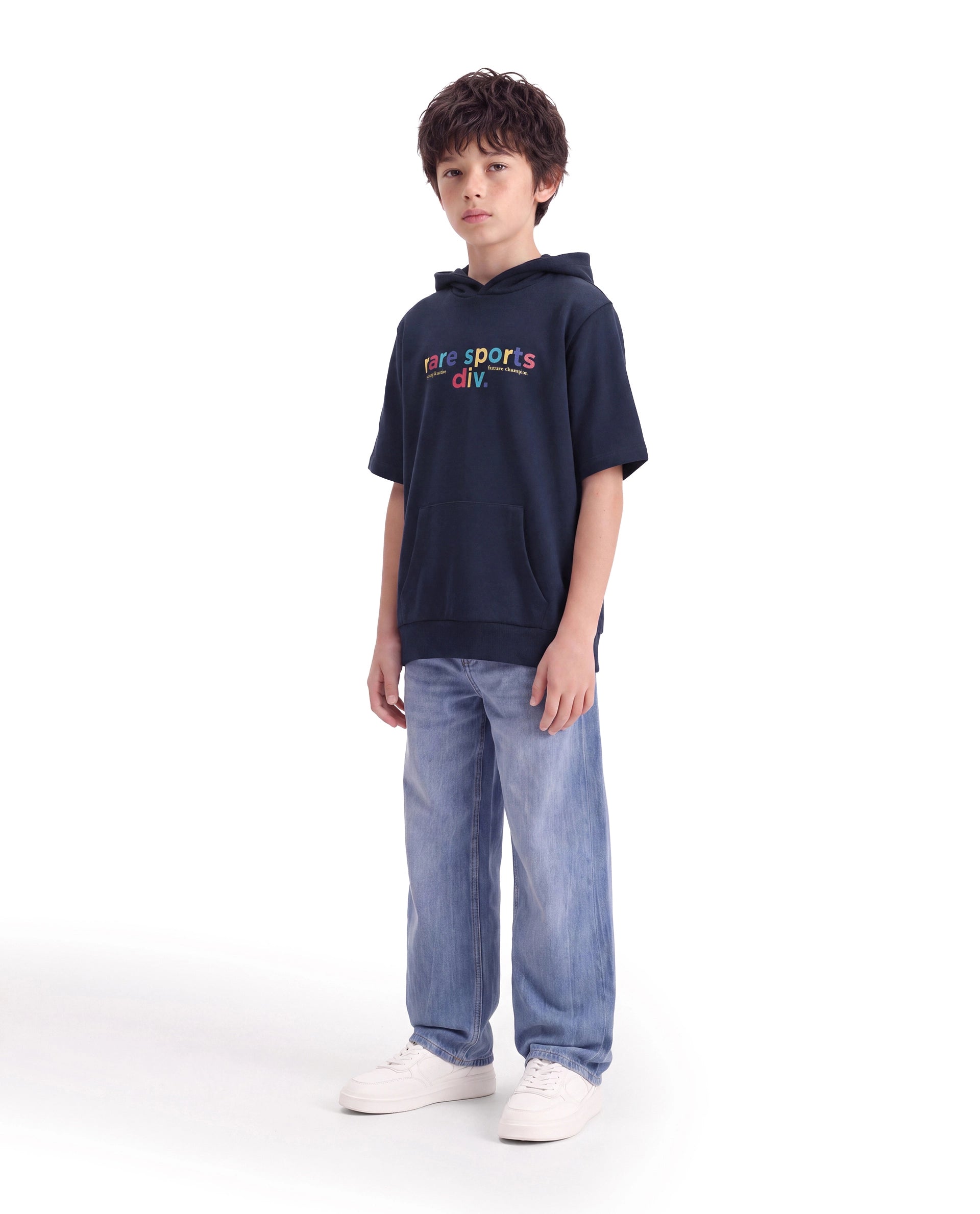 Rare Ones Kids Cinko Navy Cotton Blend Fabric Hooded Pull-On Closure Oversized Sweatshirt