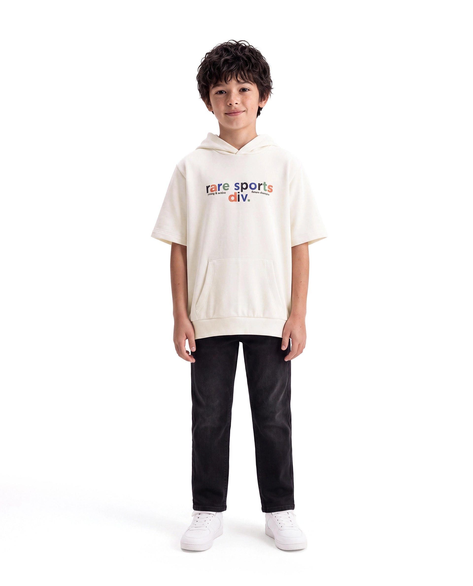 Rare Ones Kids Cinko Off White Cotton Blend Fabric Hooded Pull-On Closure Oversized Sweatshirt