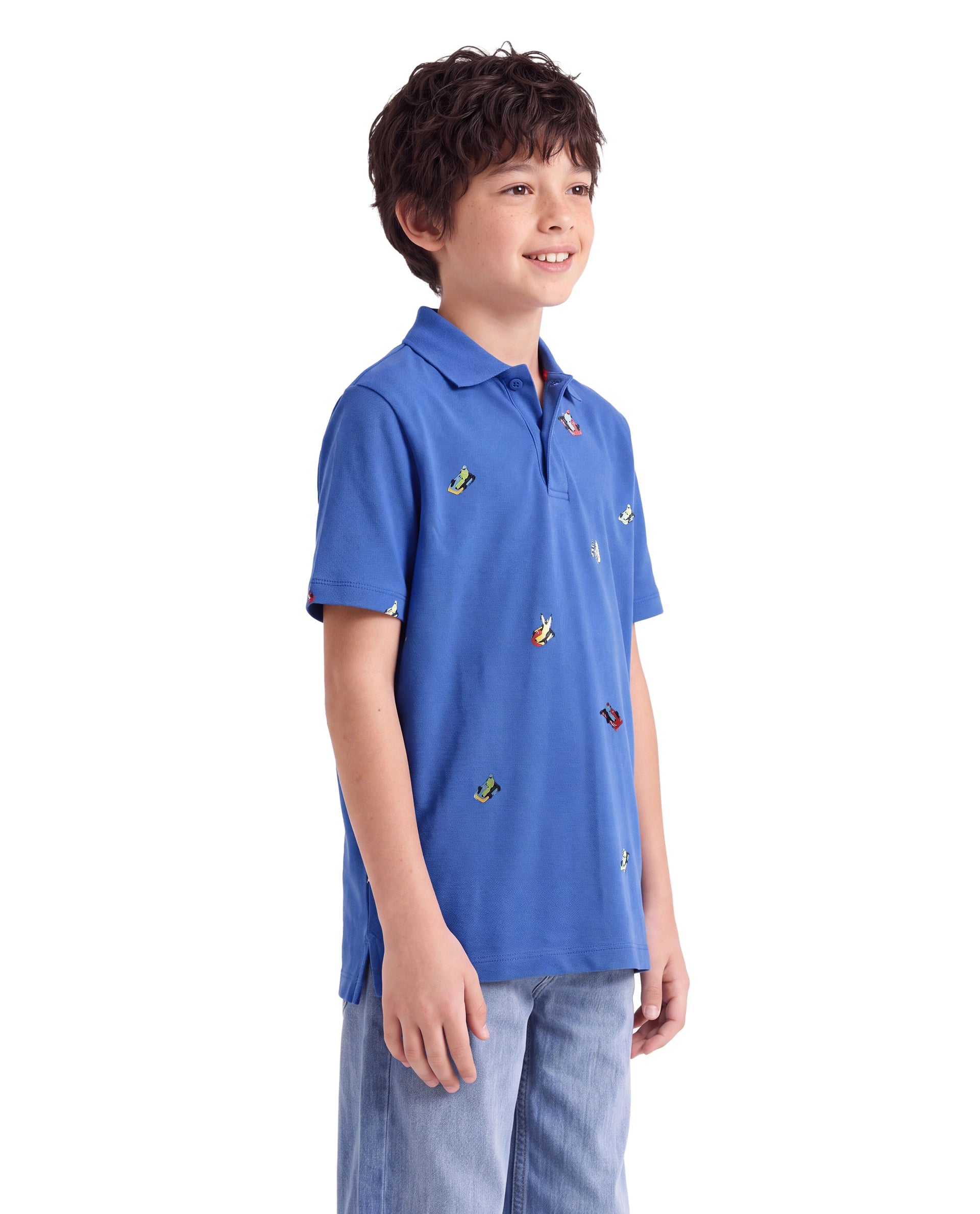 Rare Ones Kids Edric Blue Cotton Fabric Spread Collar Button Closure Regular Fit All Over Print Polo
