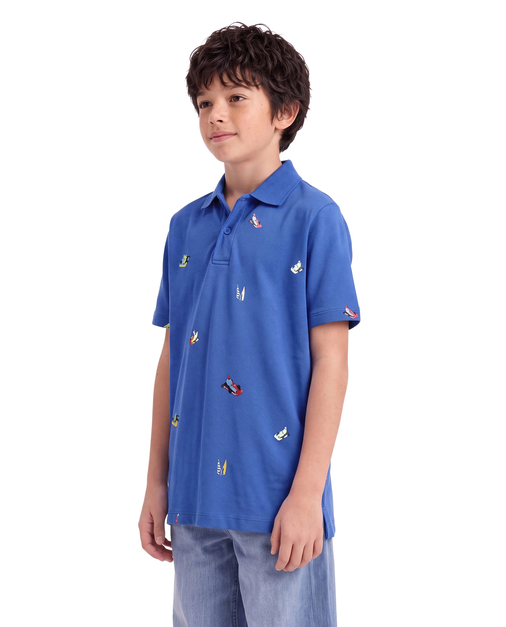 Rare Ones Kids Edric Blue Cotton Fabric Spread Collar Button Closure Regular Fit All Over Print Polo