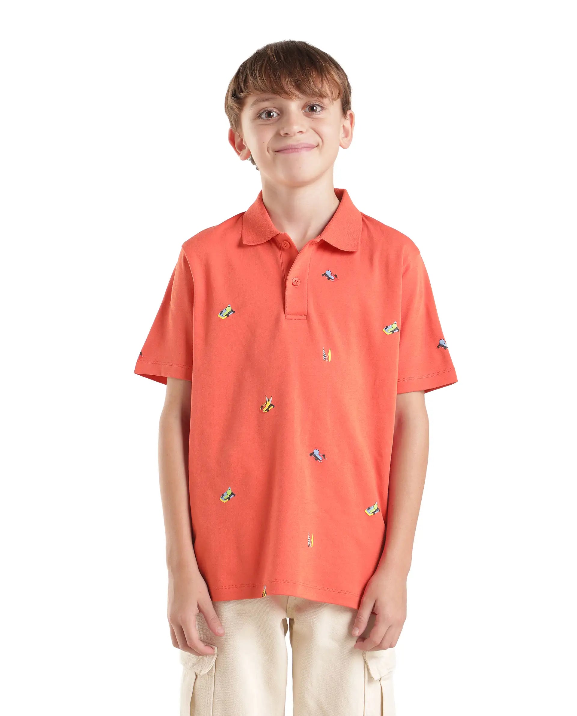 Rare Ones Kids Edric Light Orange Cotton Fabric Spread Collar Button Closure Regular Fit All Over Print Polo
