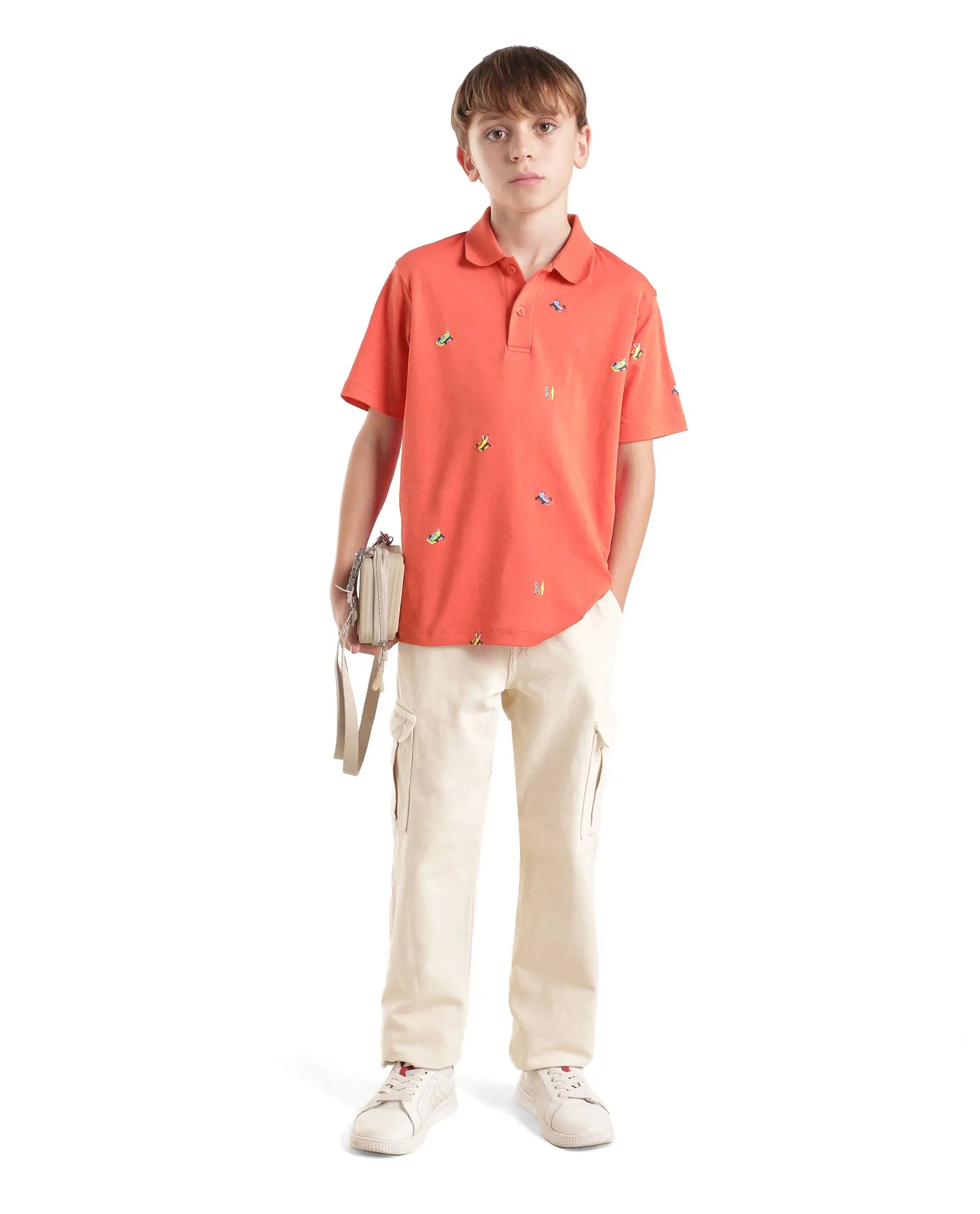 Rare Ones Kids Edric Light Orange Cotton Fabric Spread Collar Button Closure Regular Fit All Over Print Polo