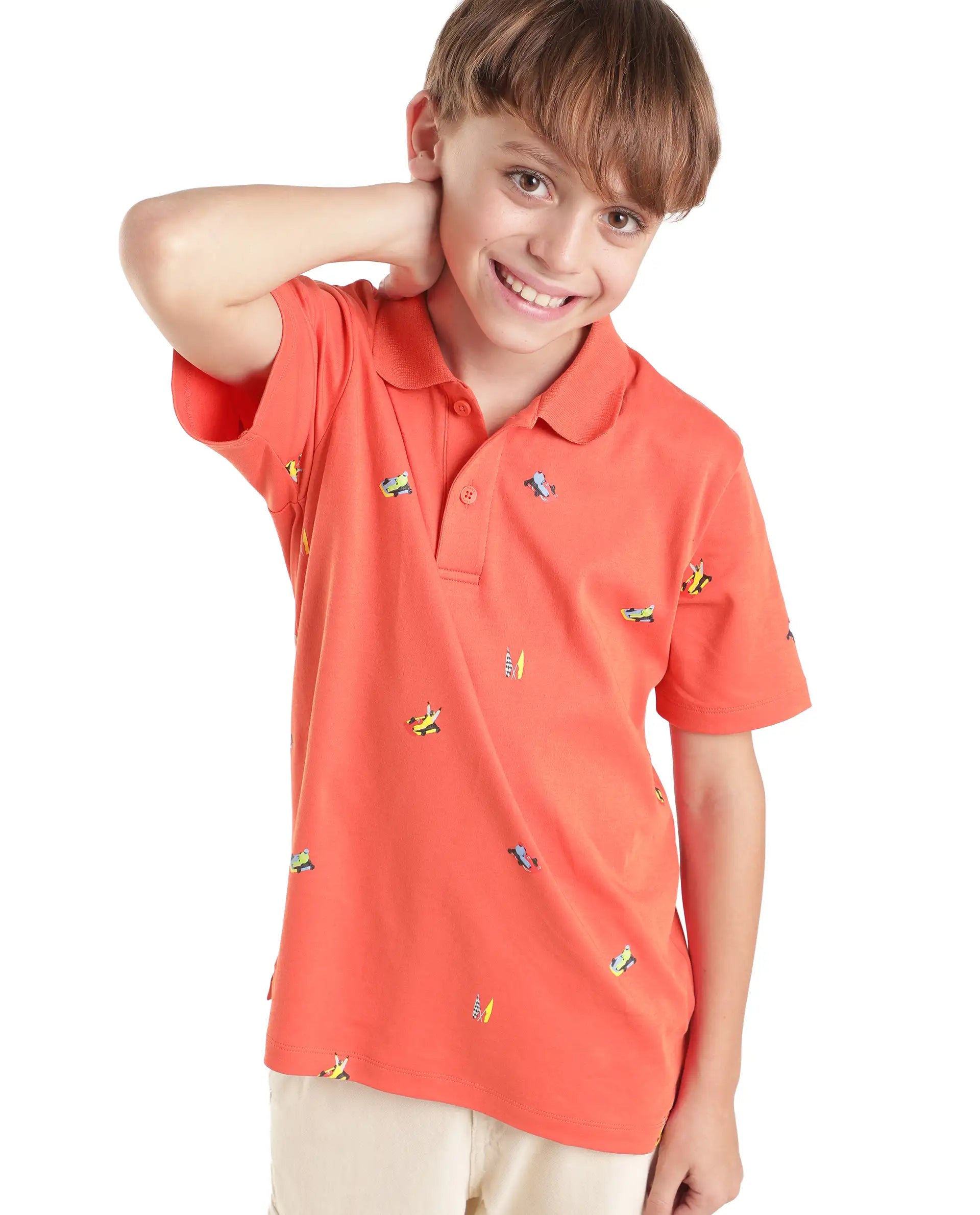 Rare Ones Kids Edric Light Orange Cotton Fabric Spread Collar Button Closure Regular Fit All Over Print Polo