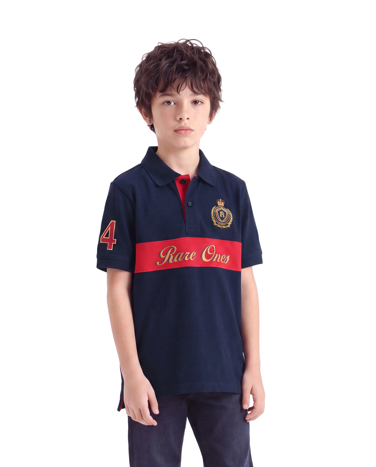Rare Ones Kids Ekon Navy Cotton Blend Fabric Button Closure Regular Fit Printed Polo