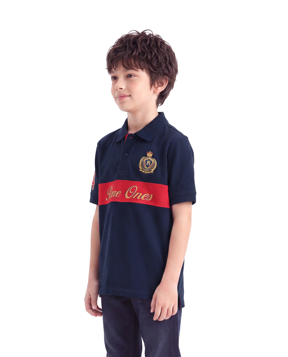 Rare Ones Kids Ekon Navy Cotton Blend Fabric Button Closure Regular Fit Printed Polo