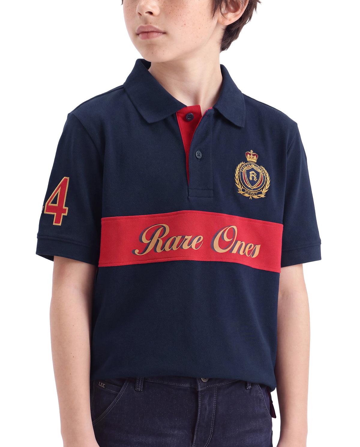 Rare Ones Kids Ekon Navy Cotton Blend Fabric Button Closure Regular Fit Printed Polo