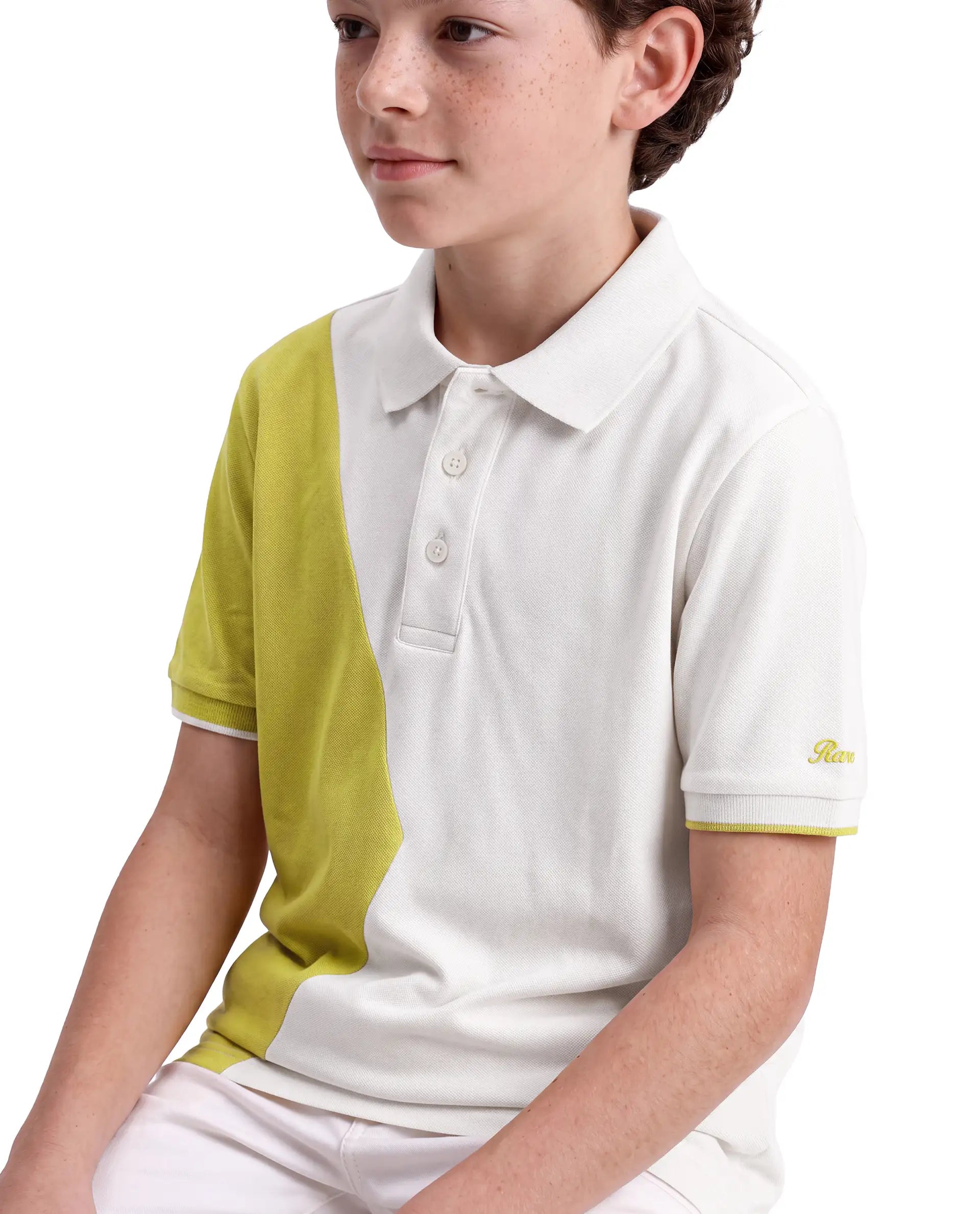 Rare Ones Kids Abel White Cotton Blend Fabric Button Closure Regular Fit Cut And Sew Polo