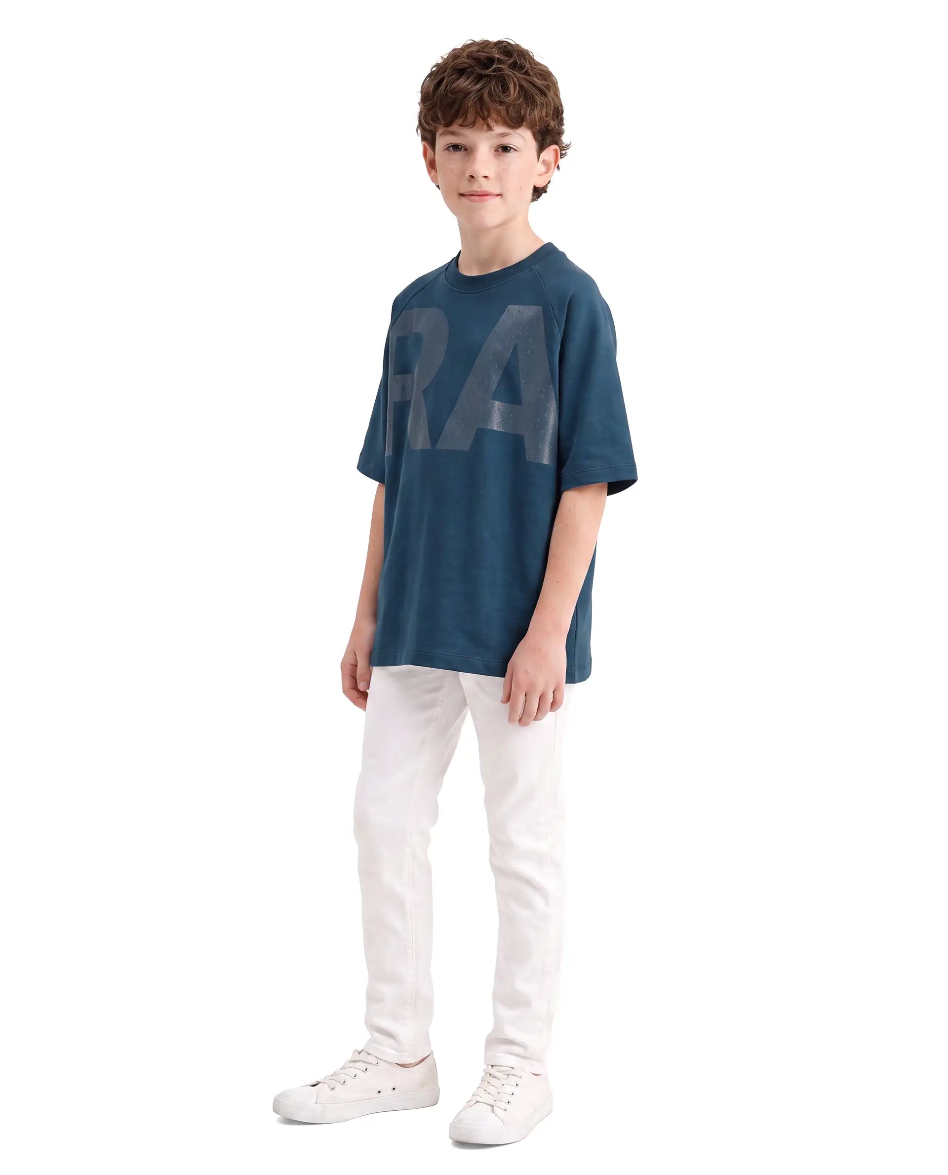 Rare Ones Kids Shane Dark Teal Cotton Fabric Pull-On Oversized Fit Graphic Print T-Shirt