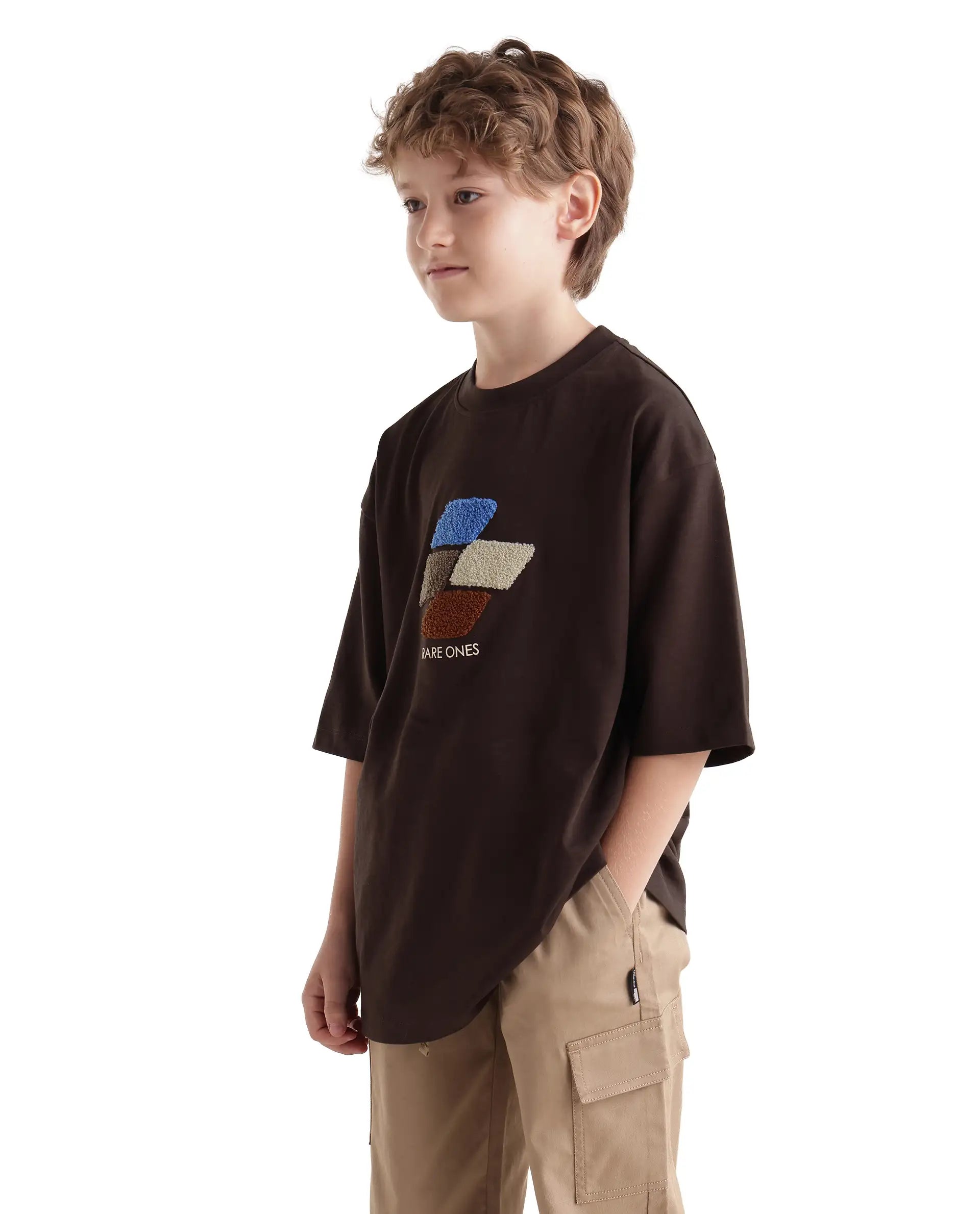 Rare Ones Kids Ted Dark Brown Cotton Fabric Pull-On Oversized Fit Embroidered T-Shirt