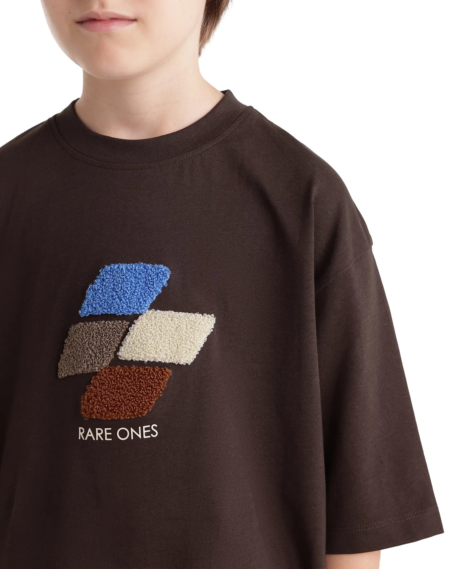 Rare Ones Kids Ted Dark Brown Cotton Fabric Pull-On Oversized Fit Embroidered T-Shirt