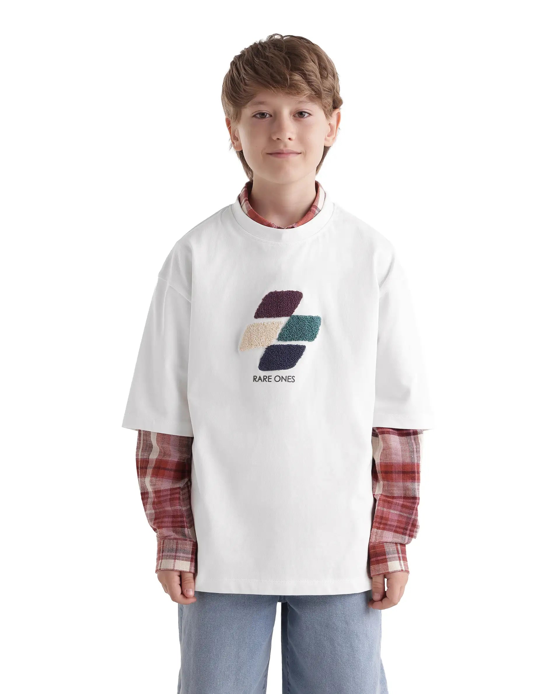 Rare Ones Kids Ted Off White Cotton Fabric Pull-On Oversized Fit Embroidered T-Shirt