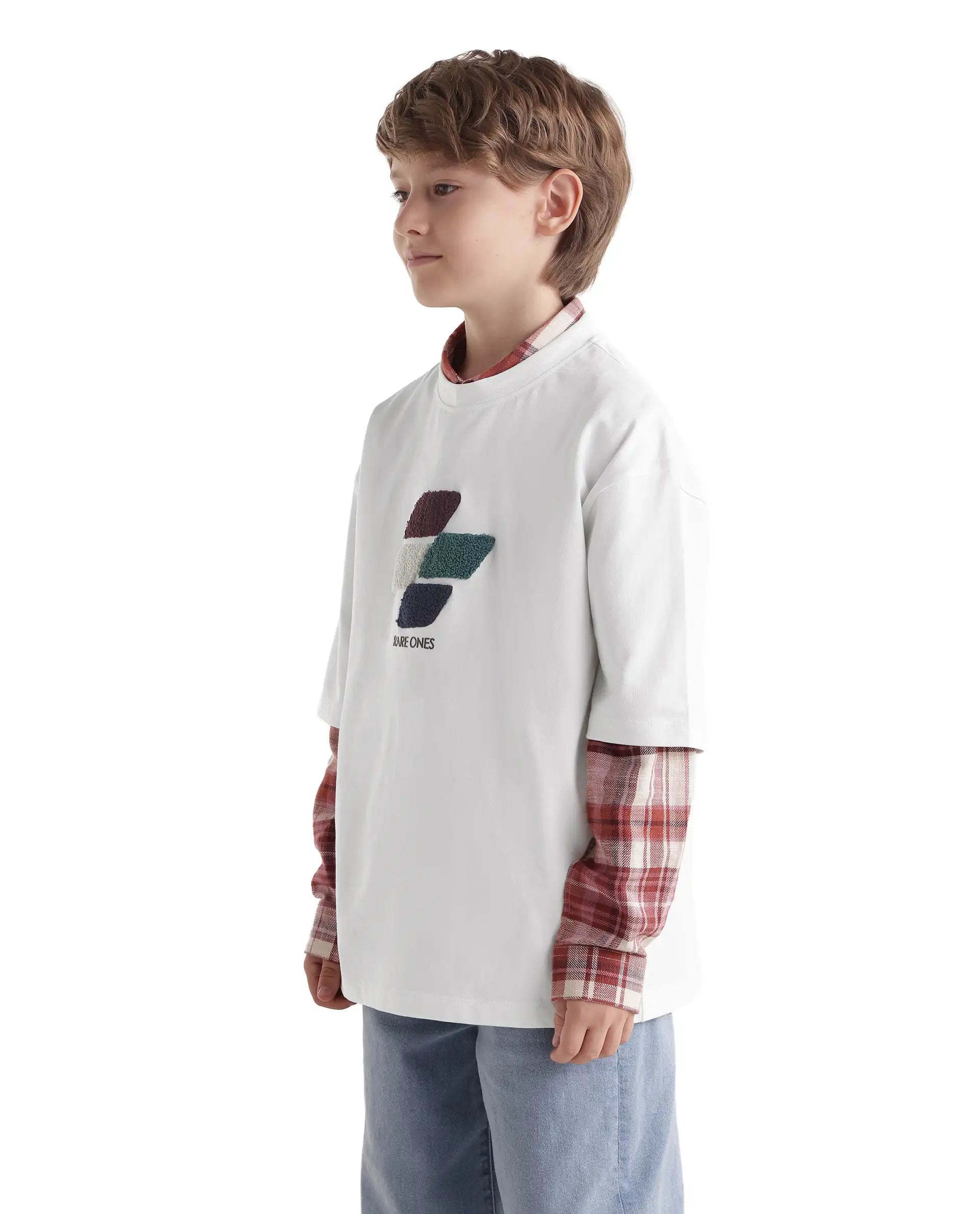 Rare Ones Kids Ted Off White Cotton Fabric Pull-On Oversized Fit Embroidered T-Shirt