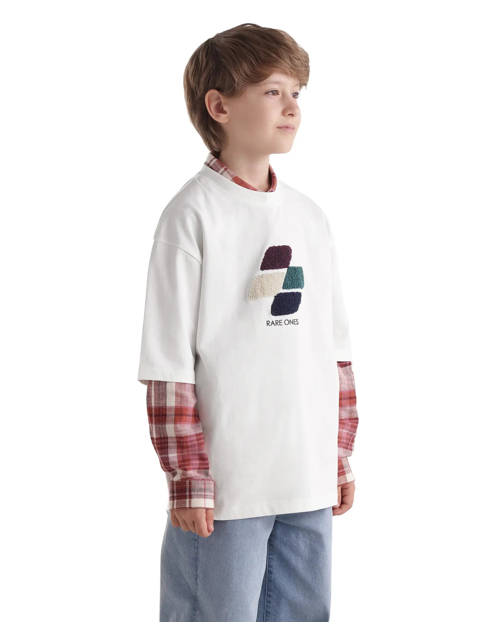Rare Ones Kids Ted Off White Cotton Fabric Pull-On Oversized Fit Embroidered T-Shirt