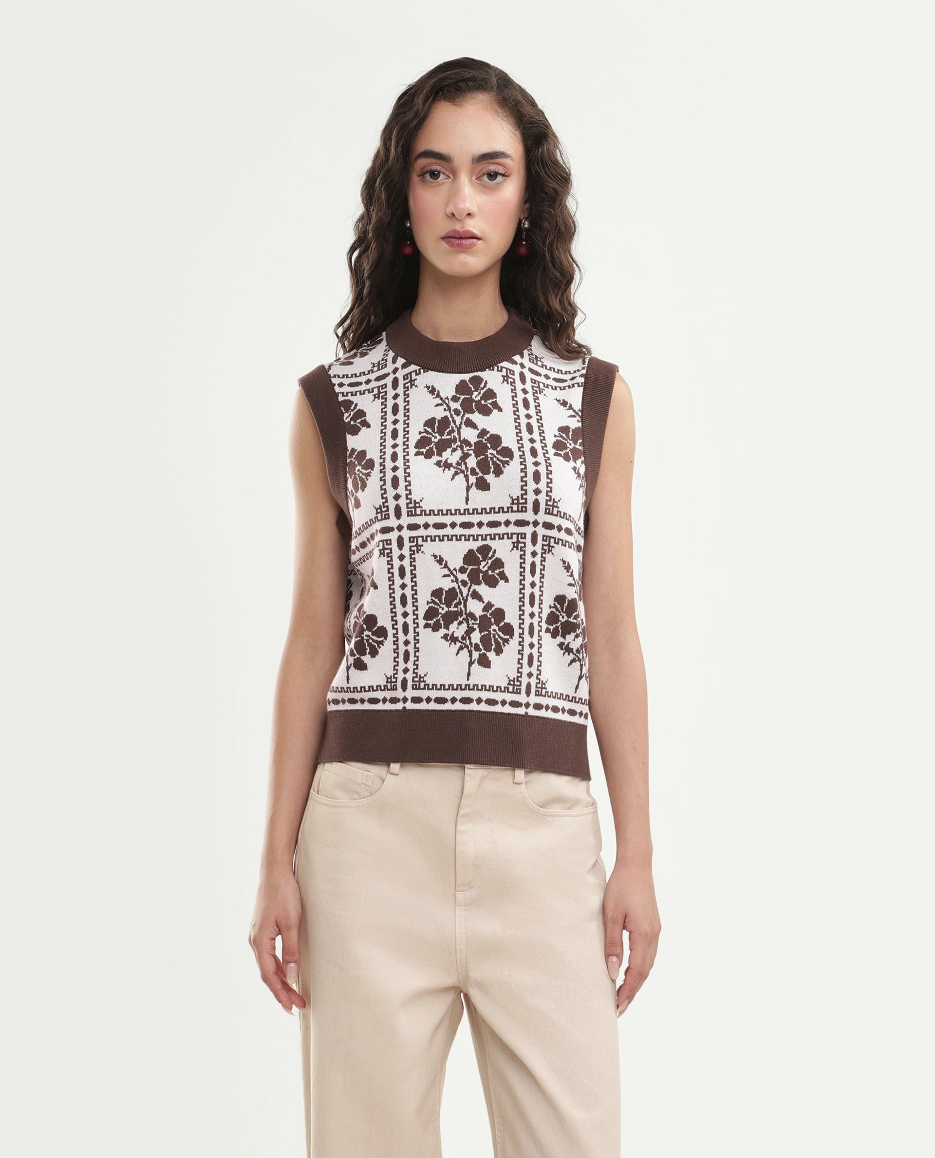 Rareism Women's Lest Off White Cotton Pull-On Regular Fit Floral Print Sweater