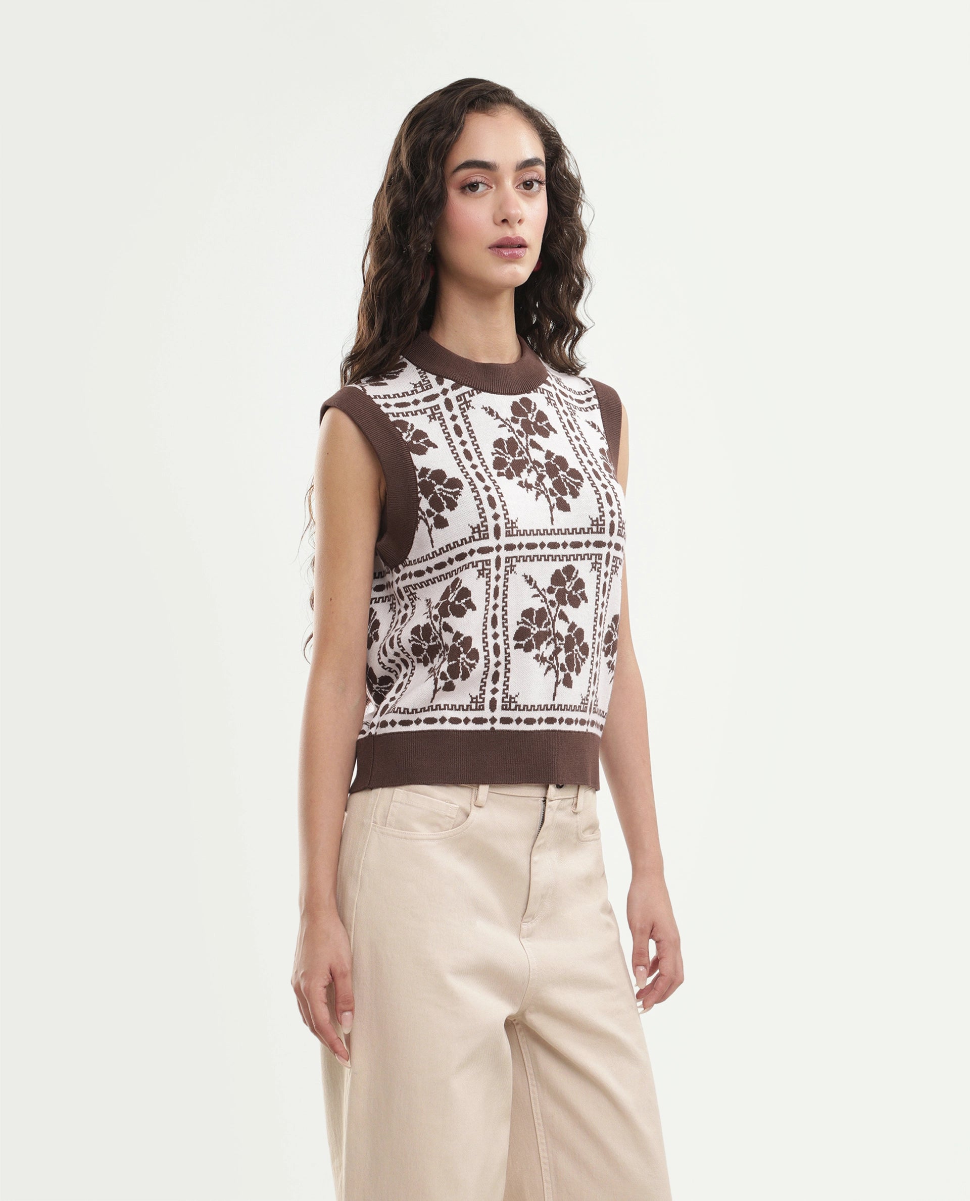 Rareism Women's Lest Off White Cotton Pull-On Regular Fit Floral Print Sweater