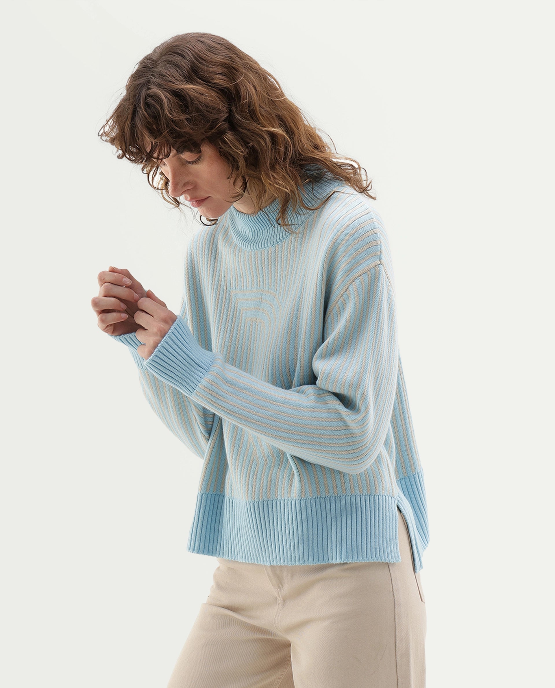 Rareism Women's Love Light Blue Acrylic Blend Pull-On Relaxed Fit Typography Print Sweater