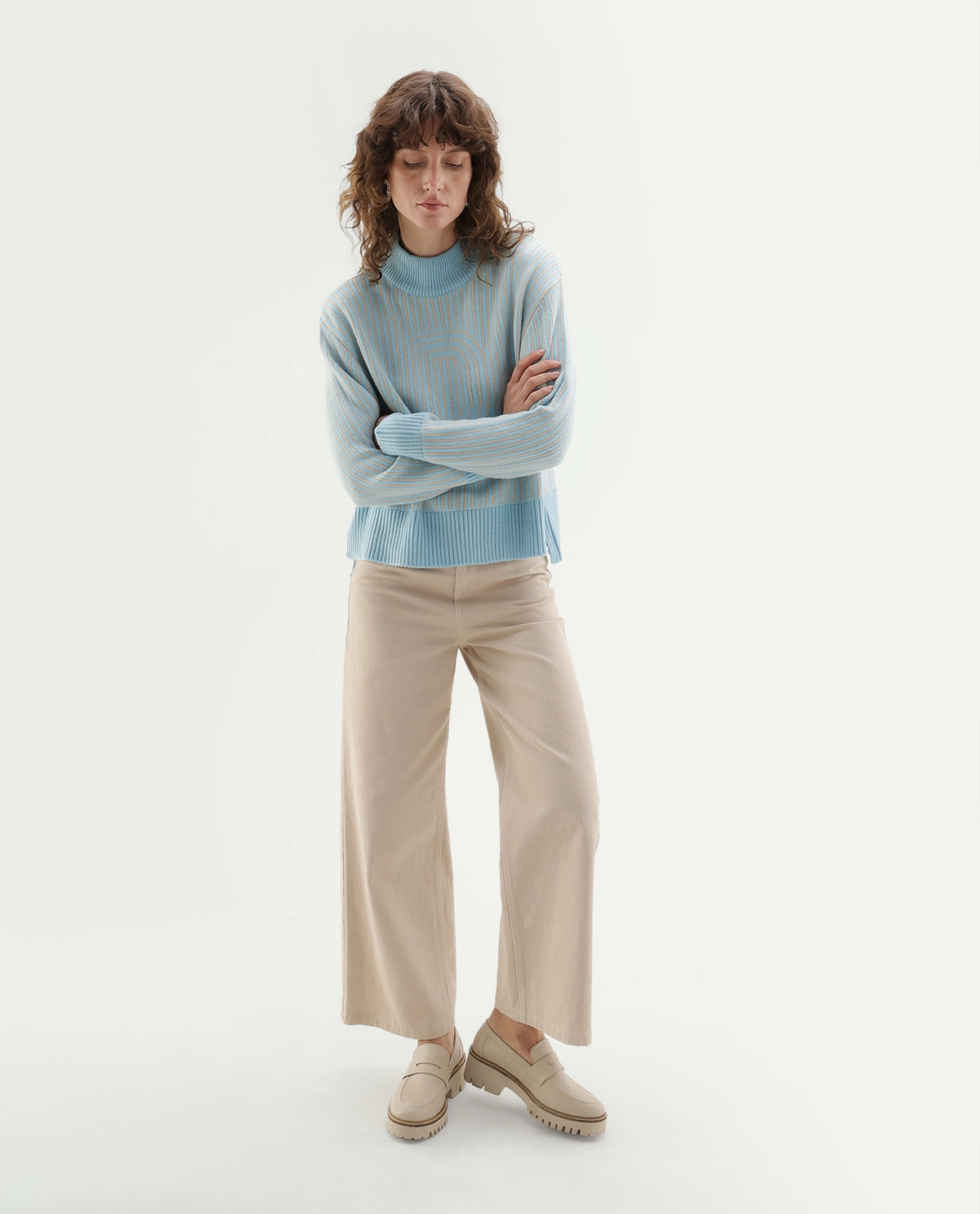 Rareism Women's Love Light Blue Acrylic Blend Pull-On Relaxed Fit Typography Print Sweater