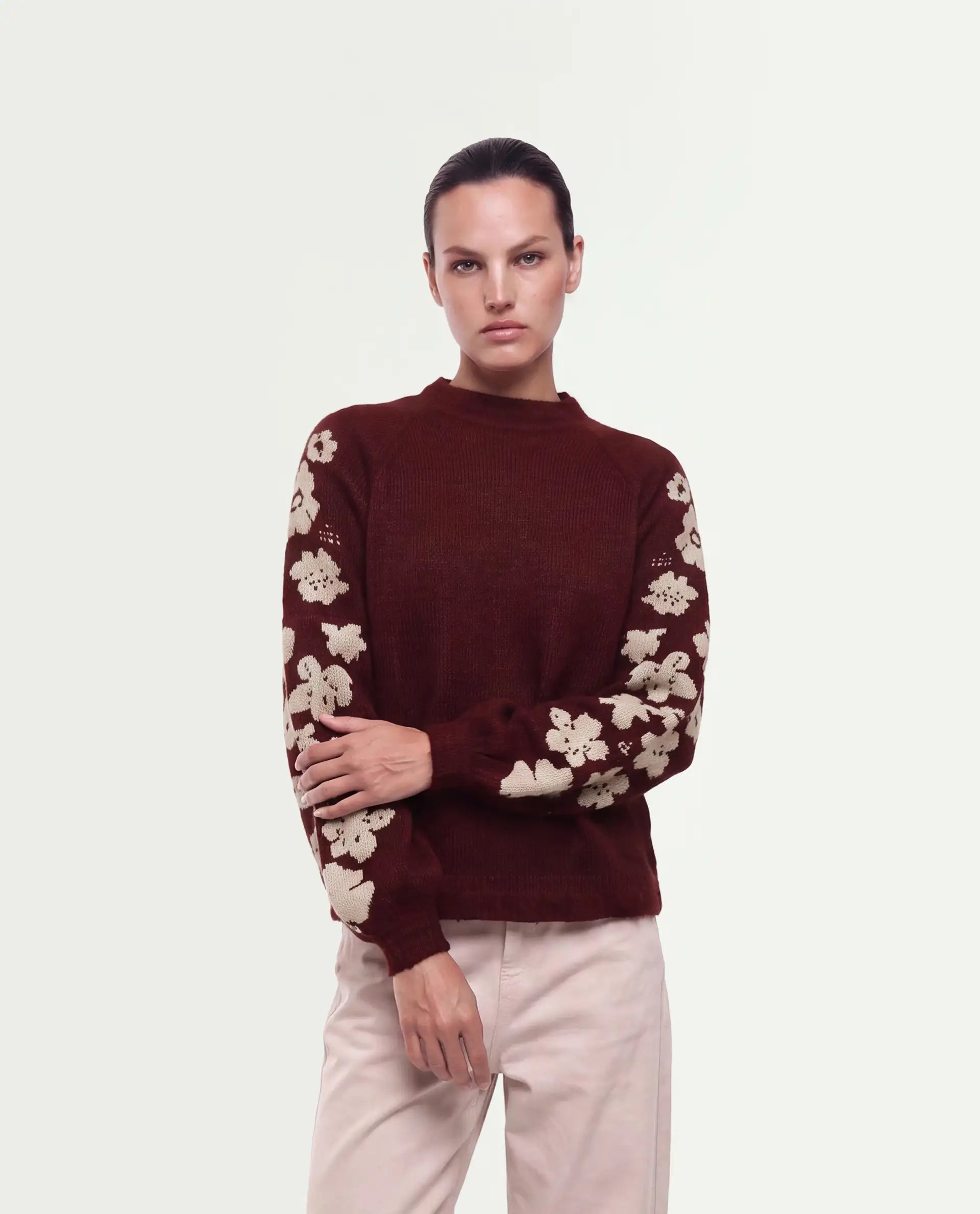 Rareism Women's Zaneaw26 Dark Maroon Acrylic Blend Pull-On Relaxed Fit Floral Print Sweater