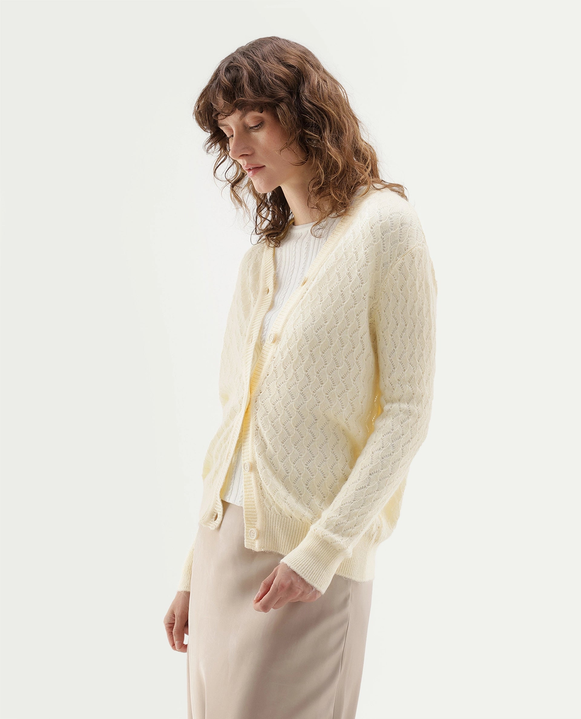 Rareism Women's Lence-A Off White Acrylic Blend Button Relaxed Fit Cardigan