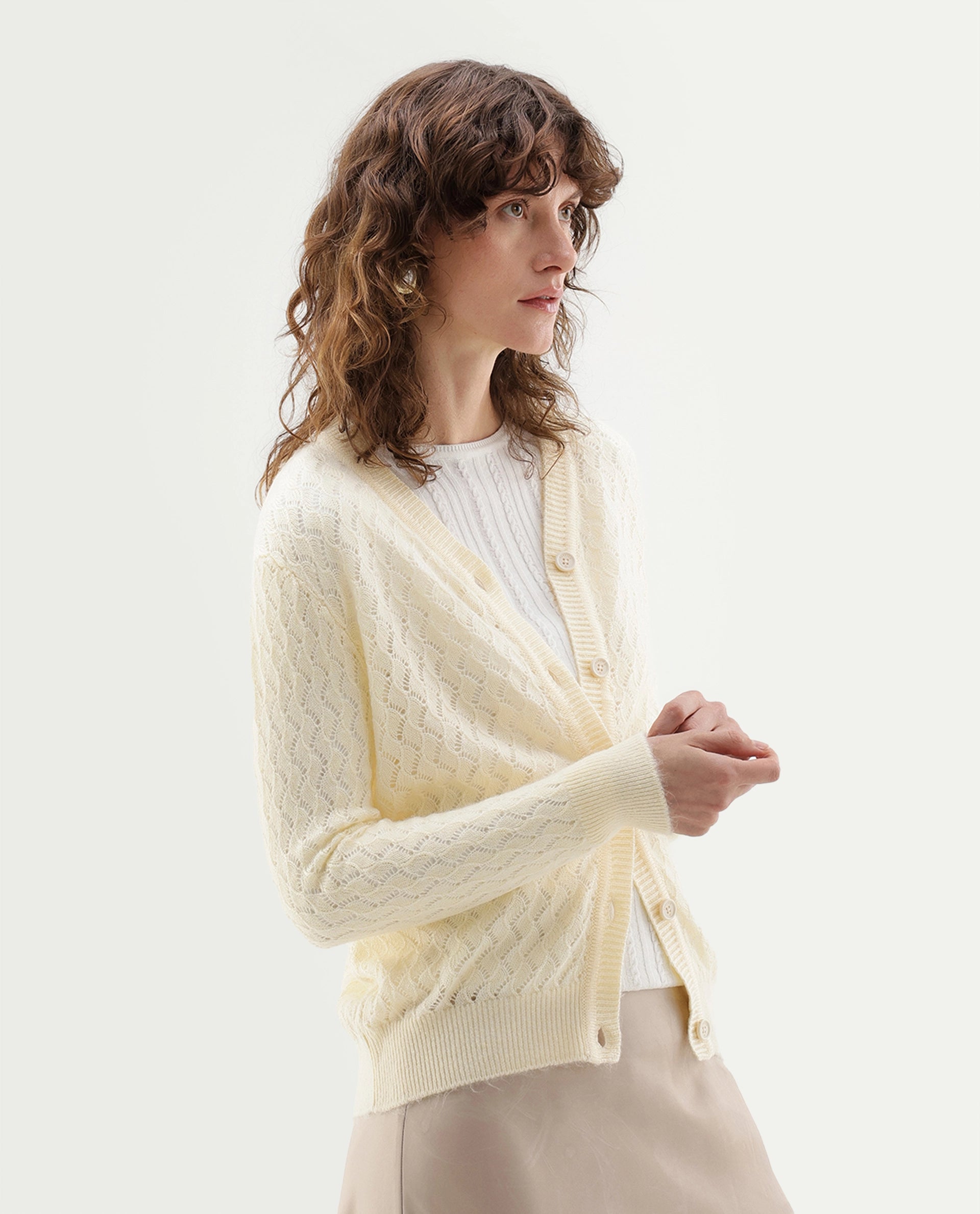 Rareism Women's Lence-A Off White Acrylic Blend Button Relaxed Fit Cardigan