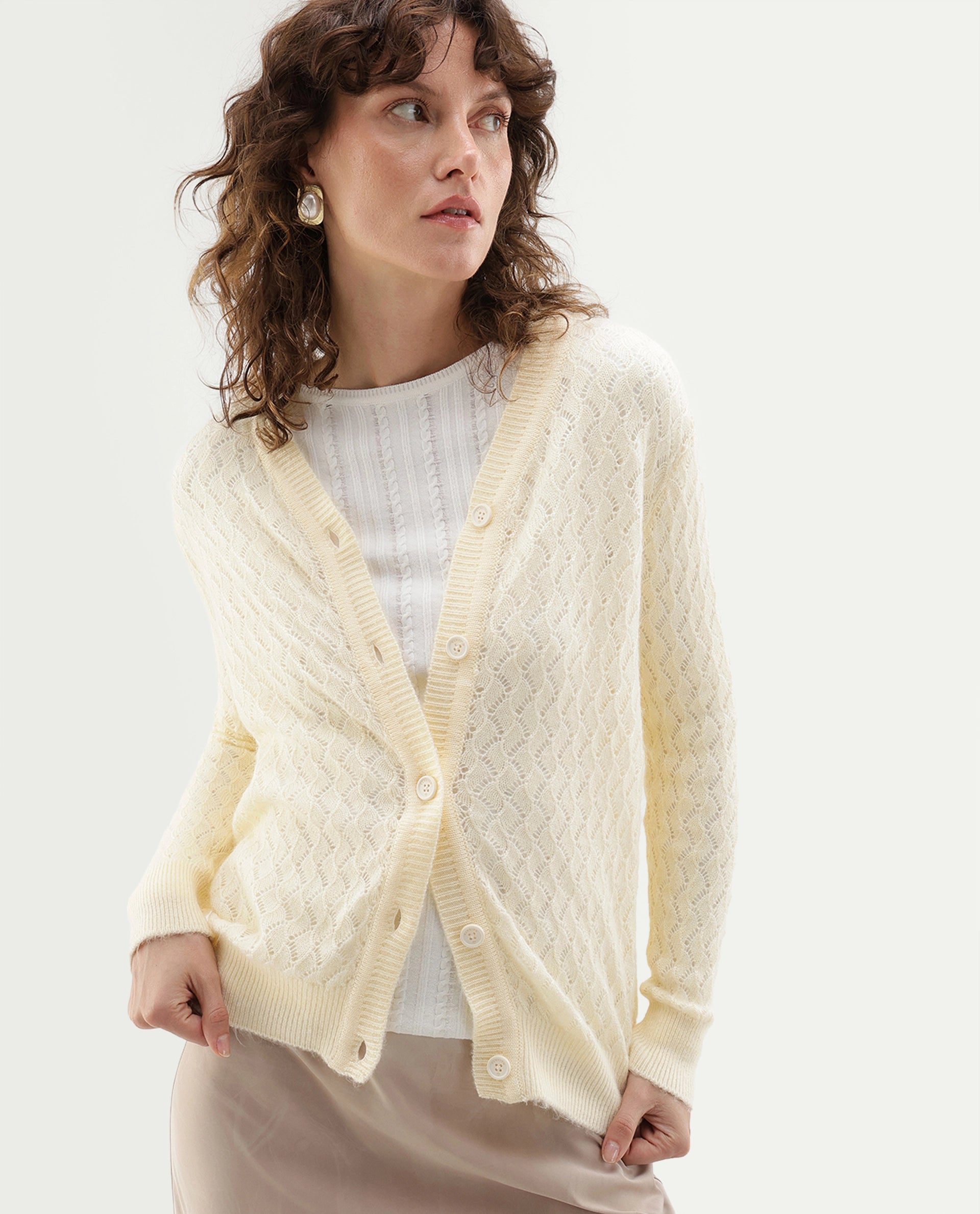 Rareism Women's Lence-A Off White Acrylic Blend Button Relaxed Fit Cardigan