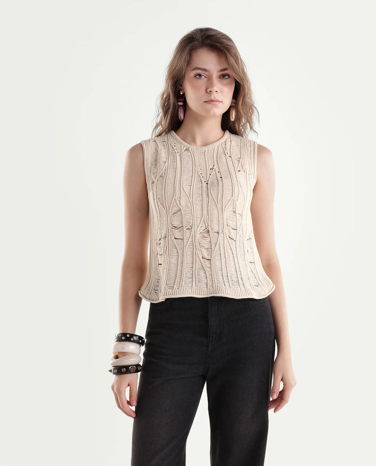 Rareism Women's Sora Off White Cotton Pull-On Relaxed Fit Top